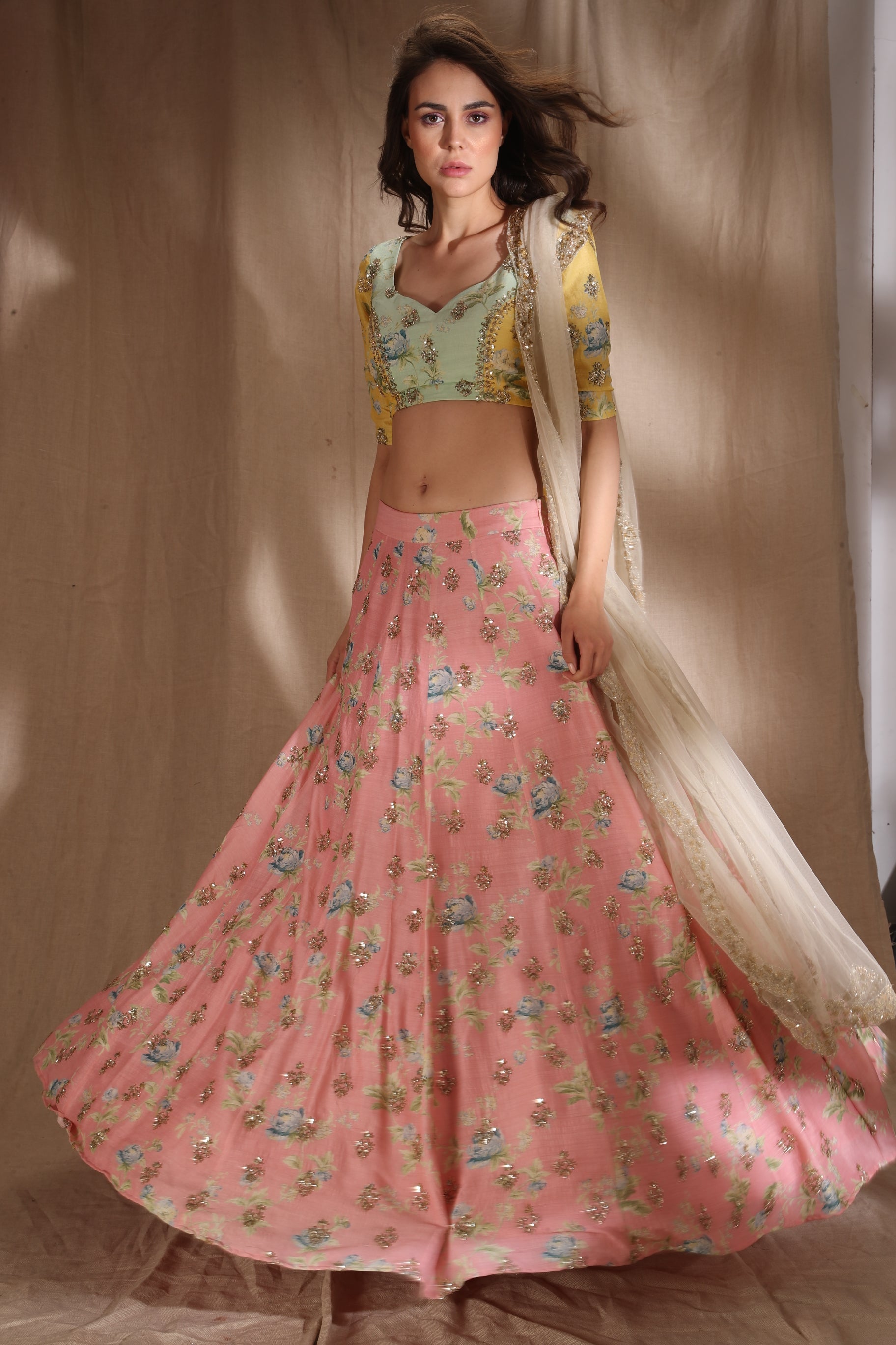 Pink And Lime Yellow Lehenga