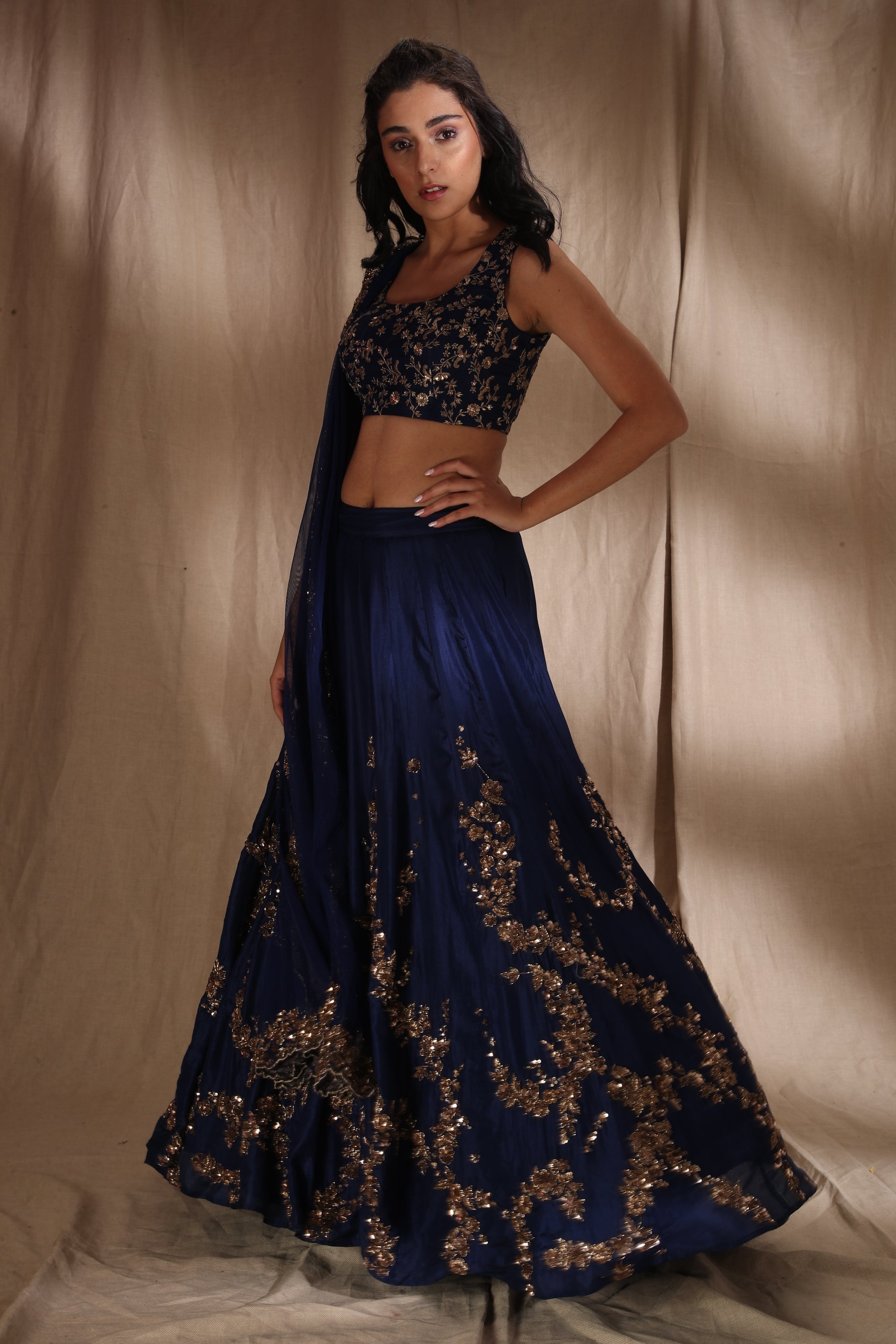 Dark Blue And Gold Lehenga Set