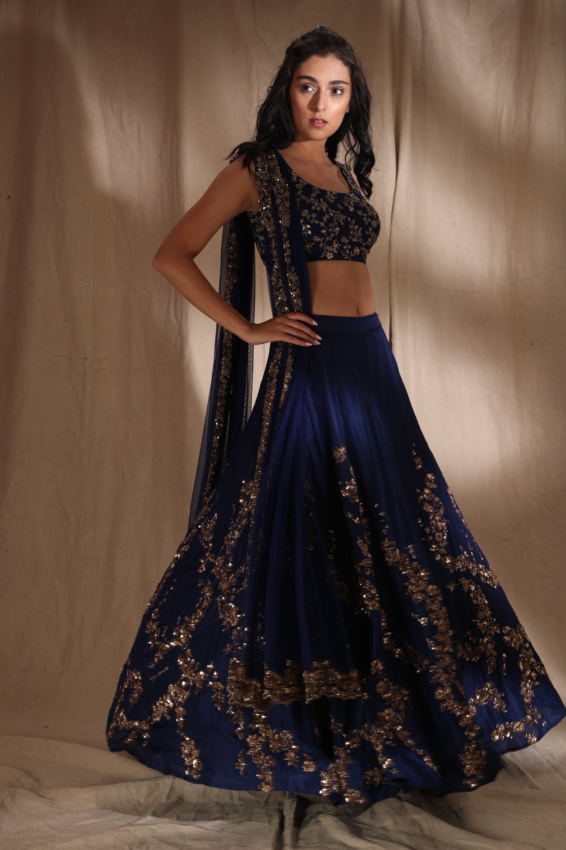 Dark Blue And Gold Lehenga Set