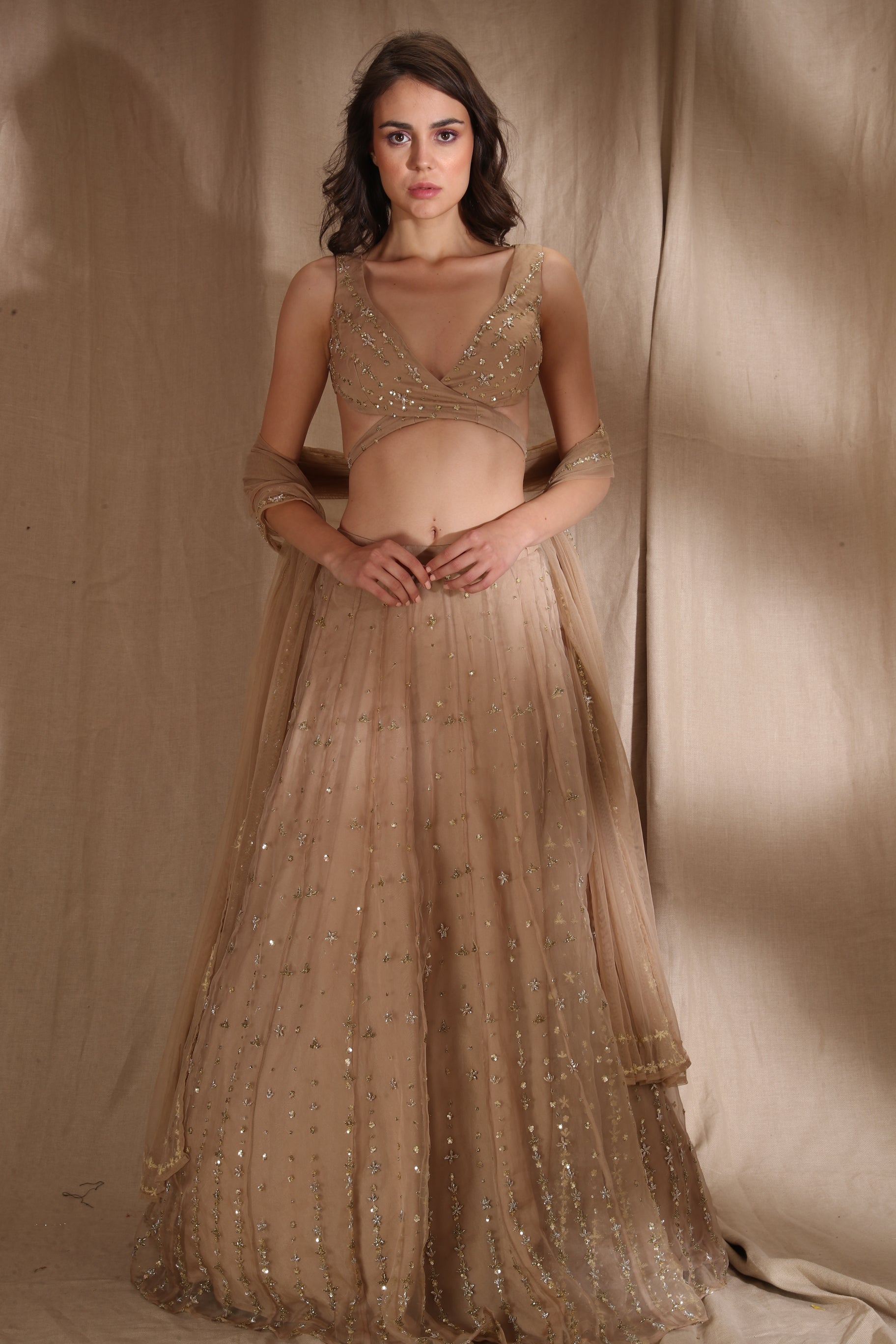 Pale Brown And Gold Lehenga