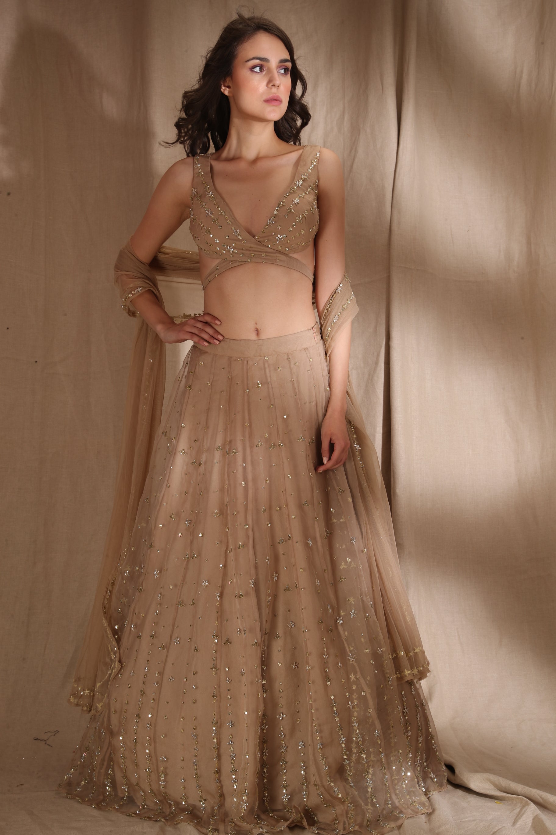 Pale Brown And Gold Lehenga