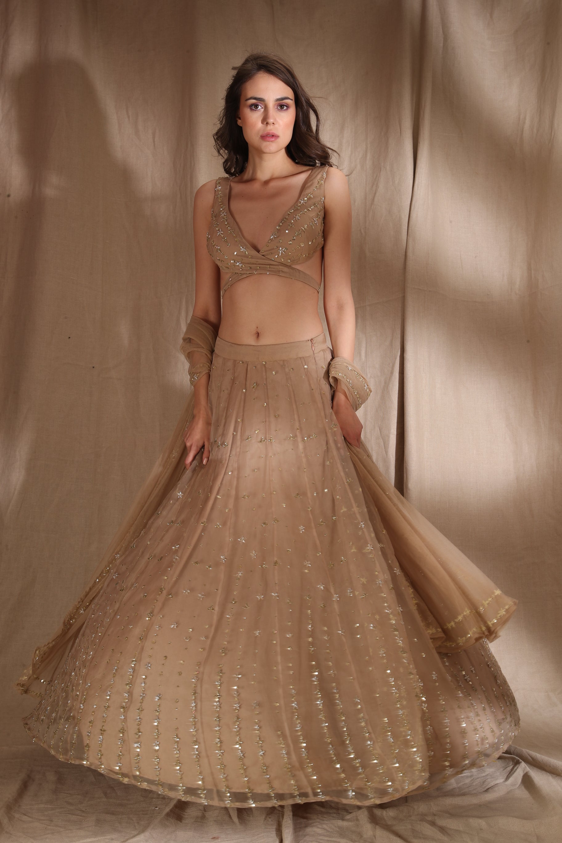 Pale Brown And Gold Lehenga