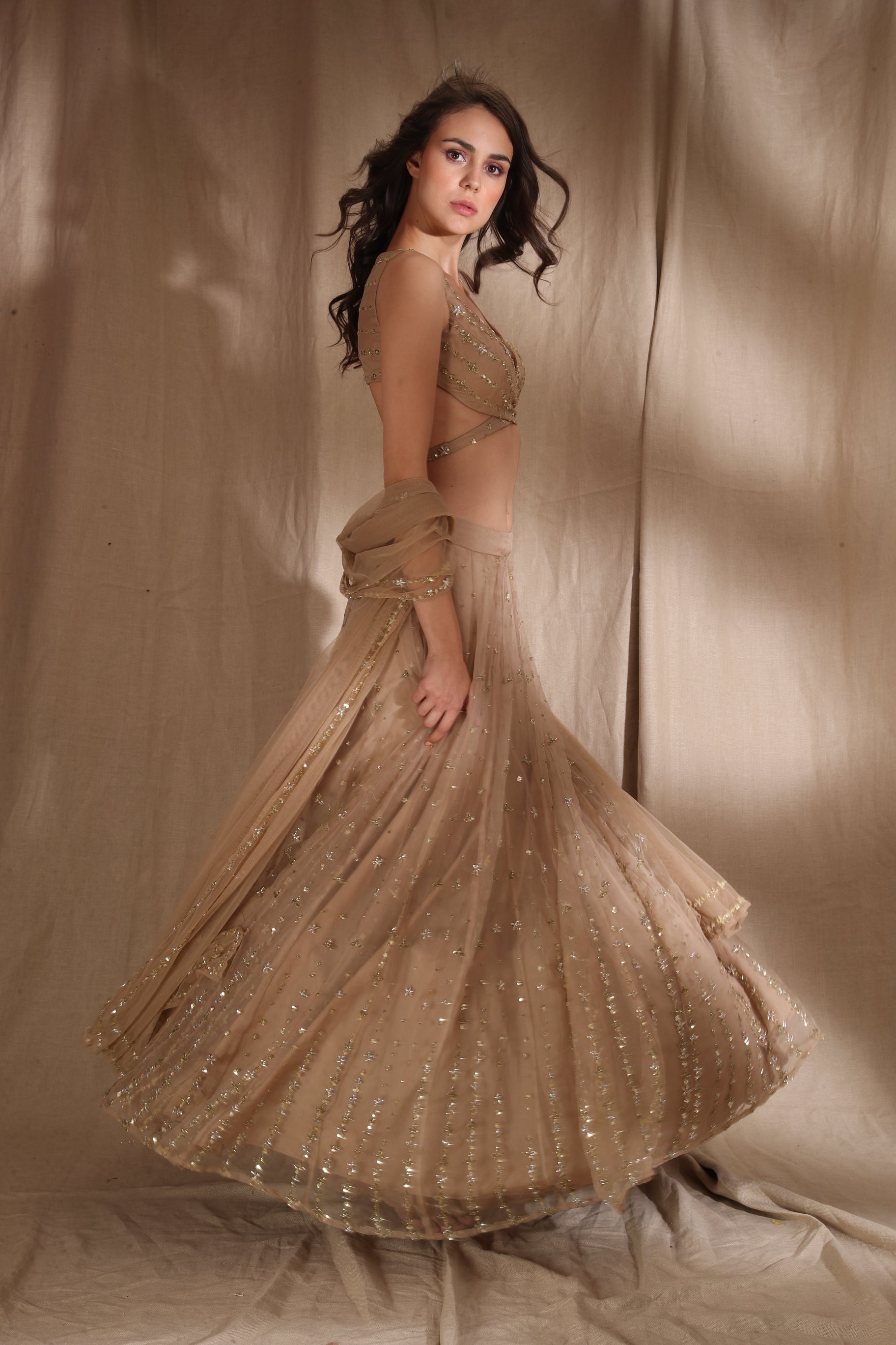 Pale Brown And Gold Lehenga