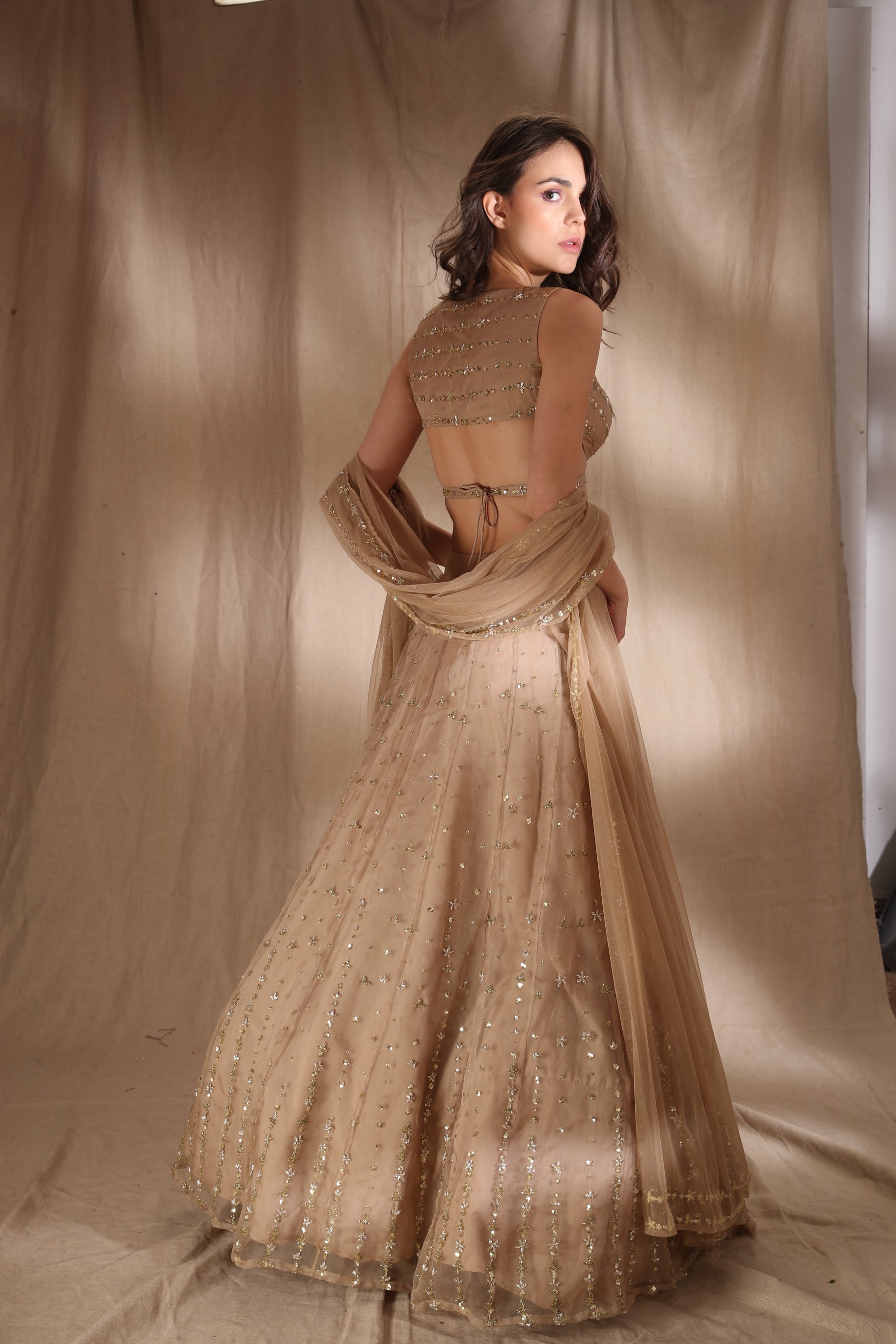 Pale Brown And Gold Lehenga