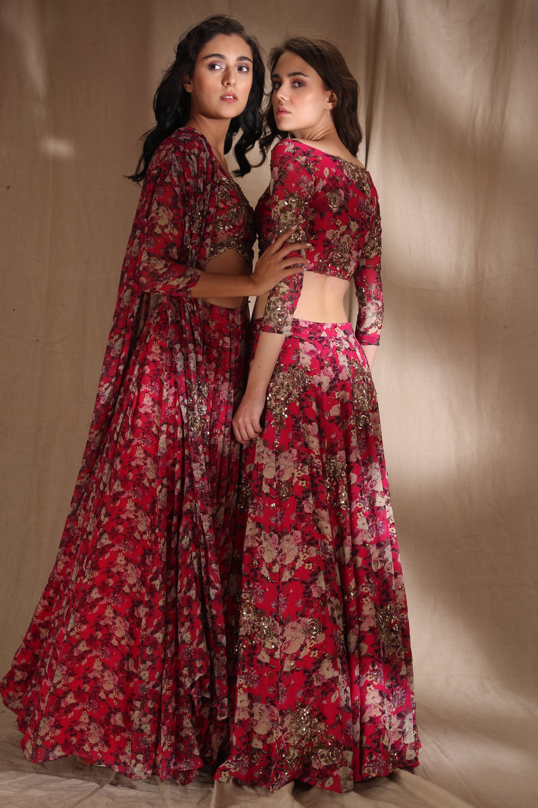 Hot Pink Floral Lehenga With Cape