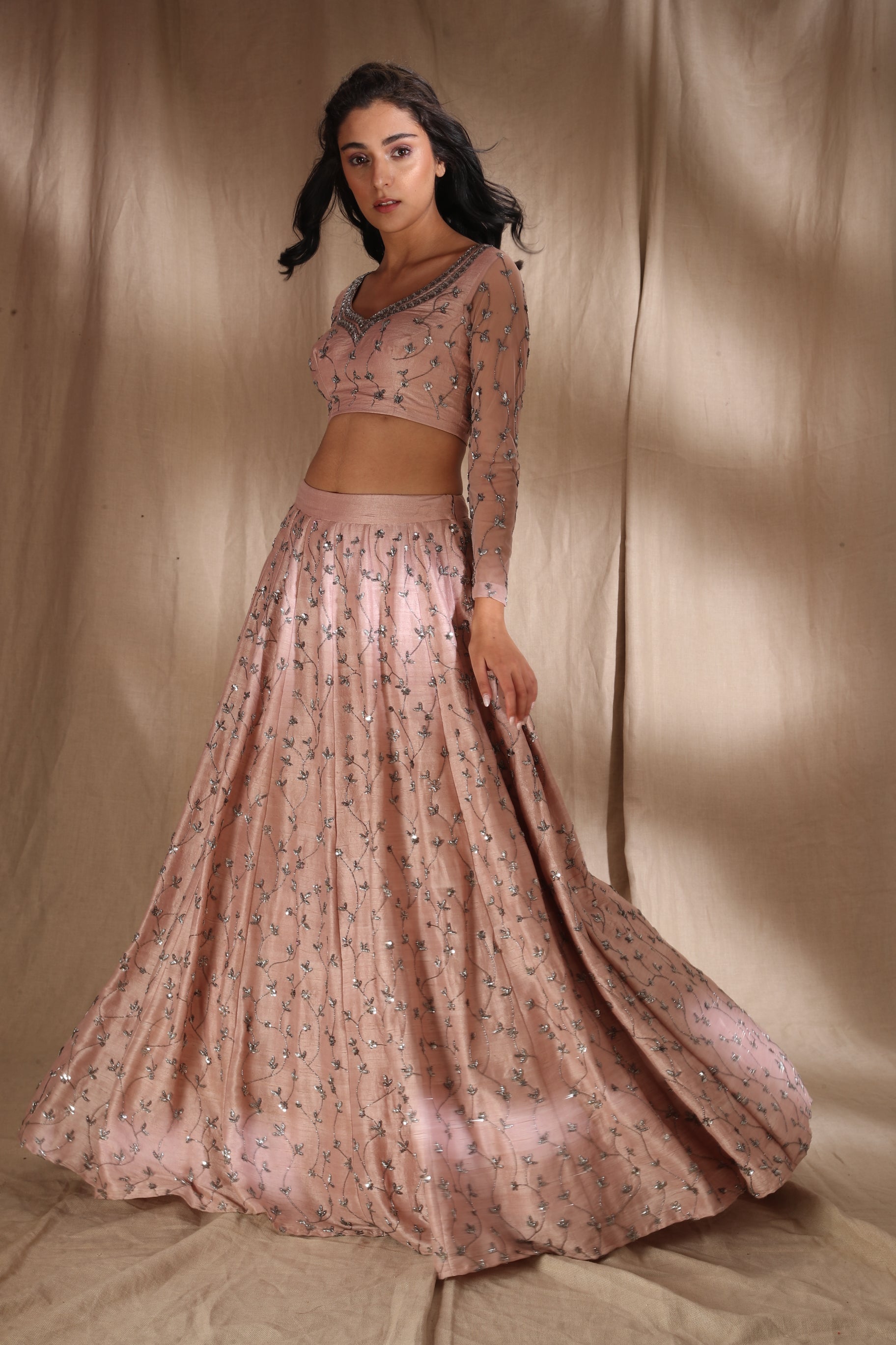 Pale Pink Raw Silk Lehenga