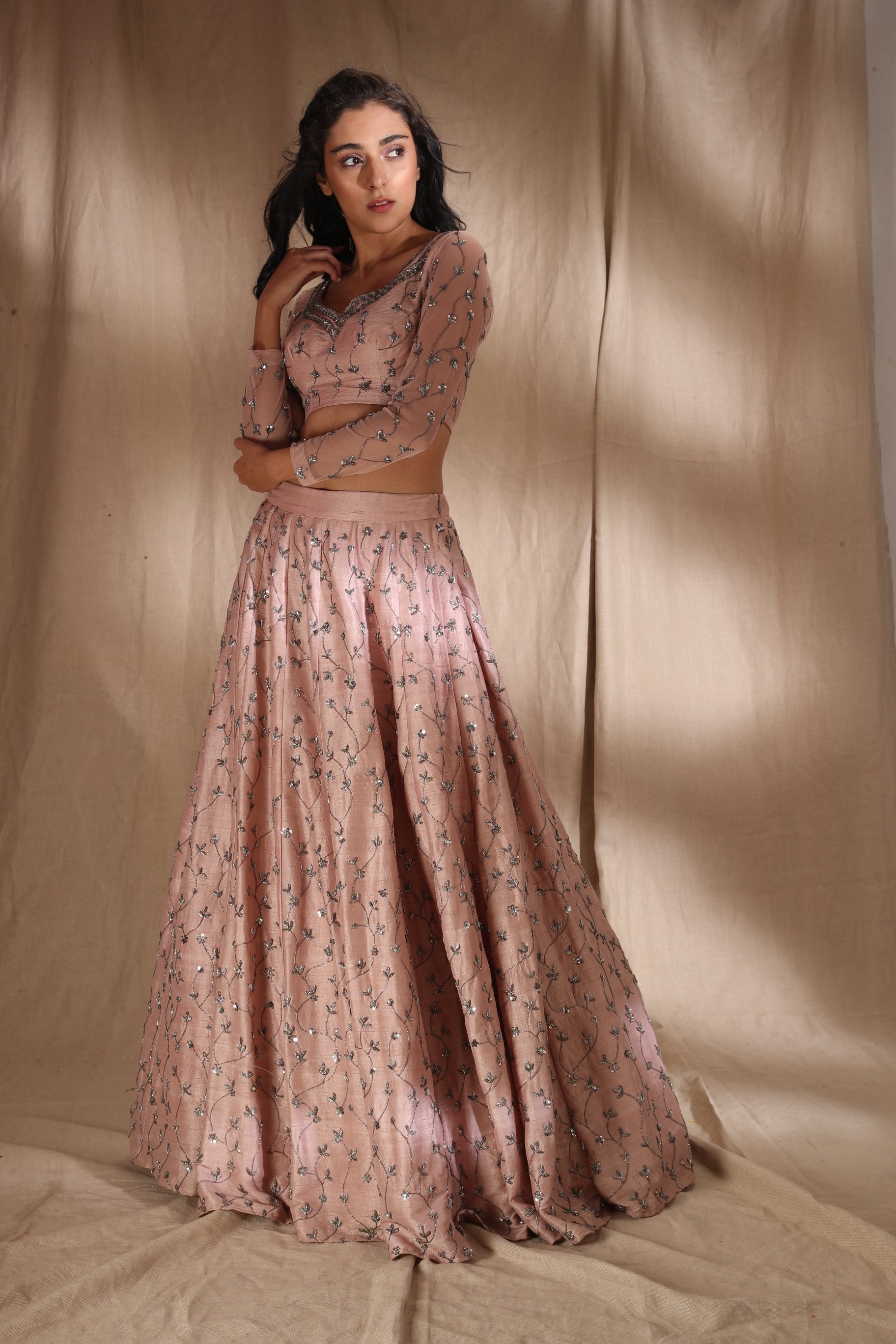 Pale Pink Raw Silk Lehenga