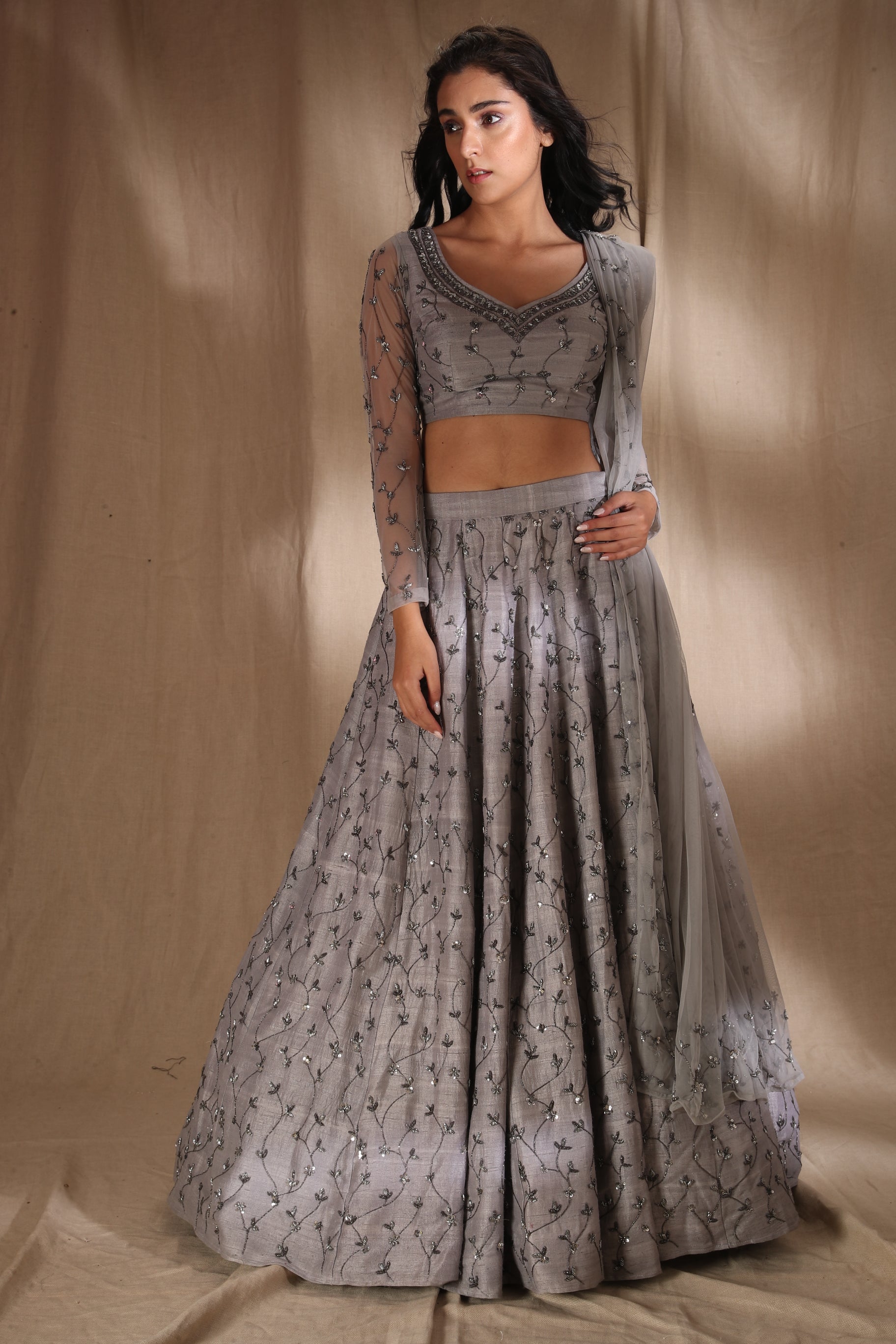 Grey Silver Raw Silk Lehenga