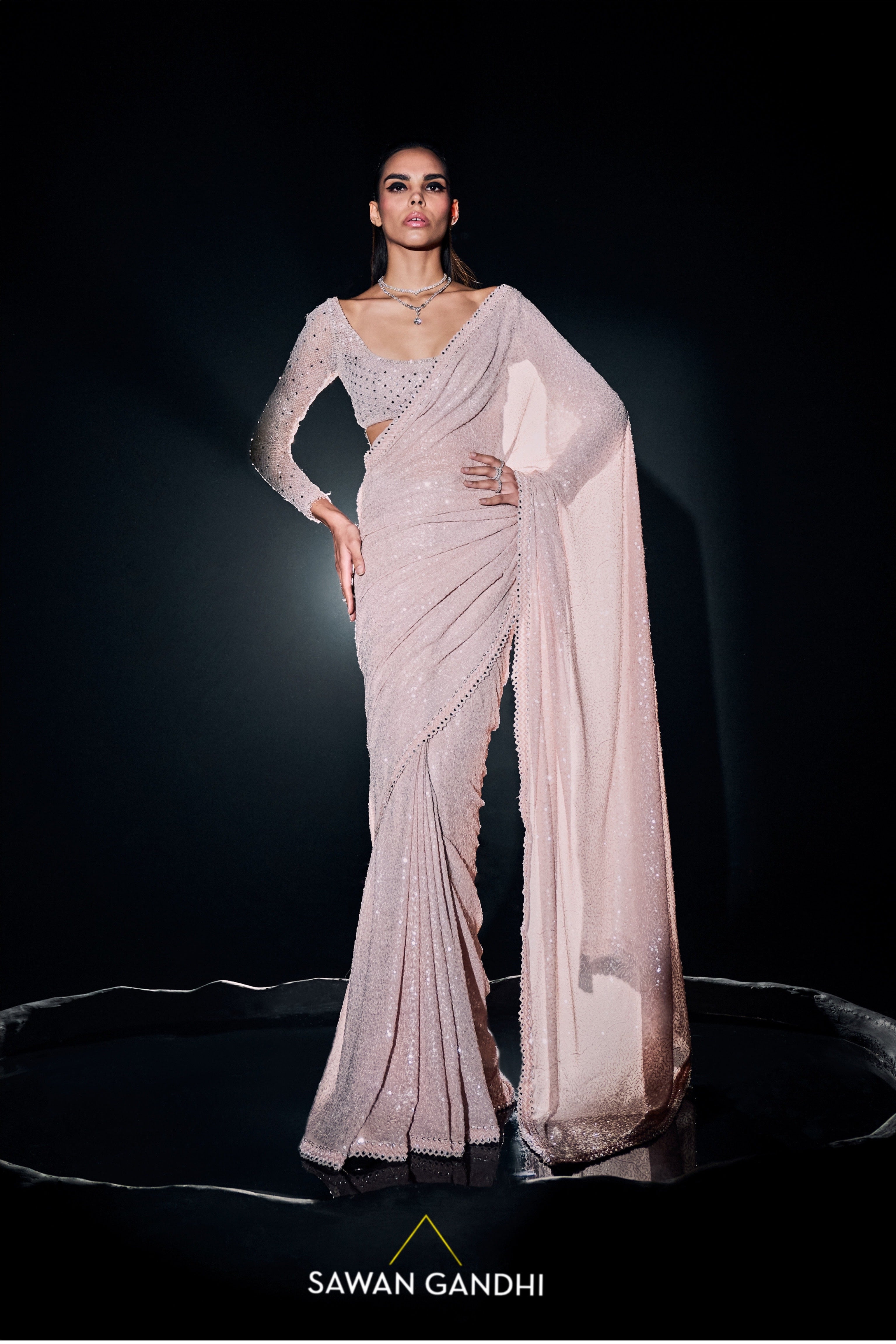 Blush pink sequins saree