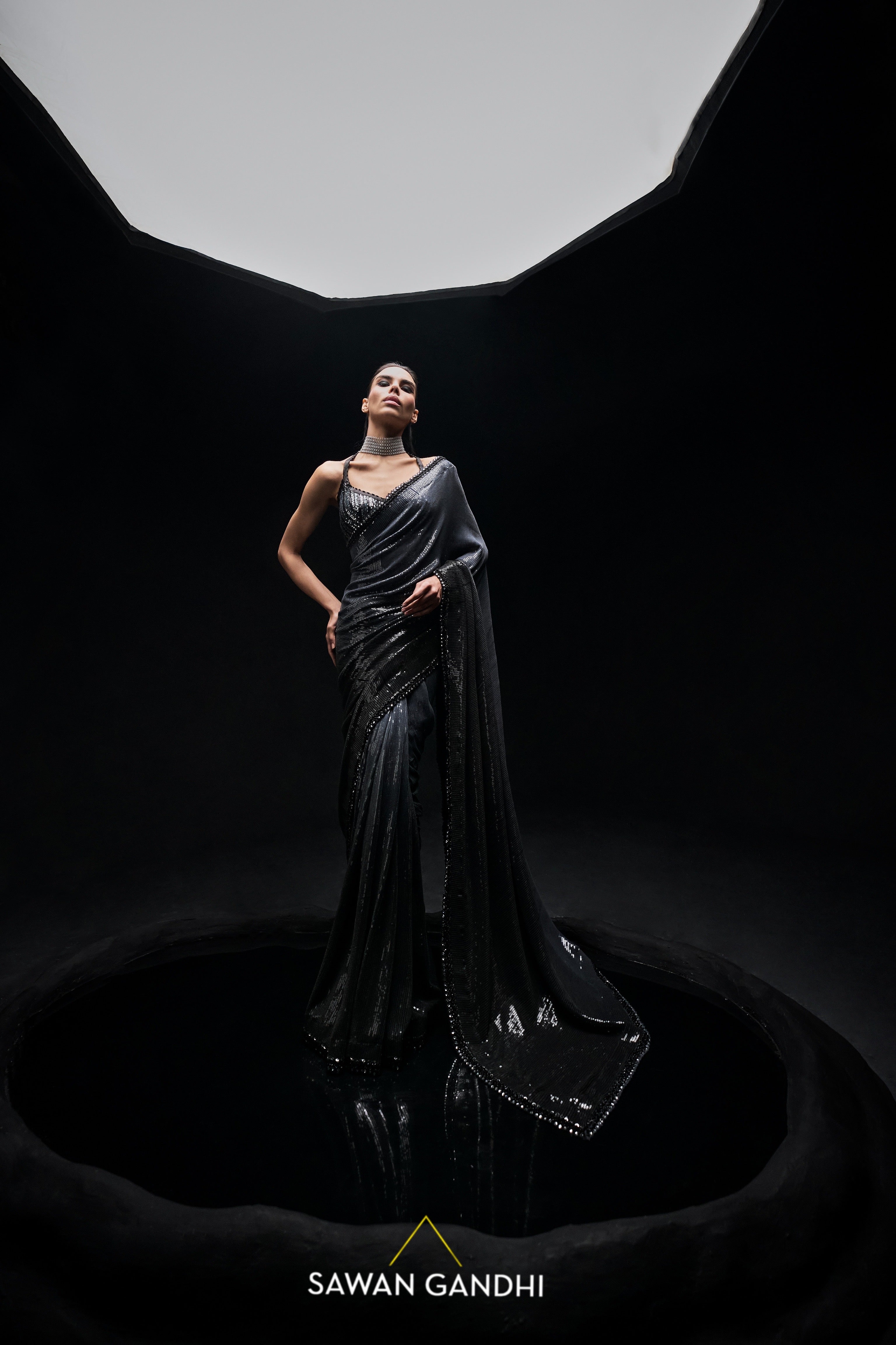 Black to grey ombre sequins saree