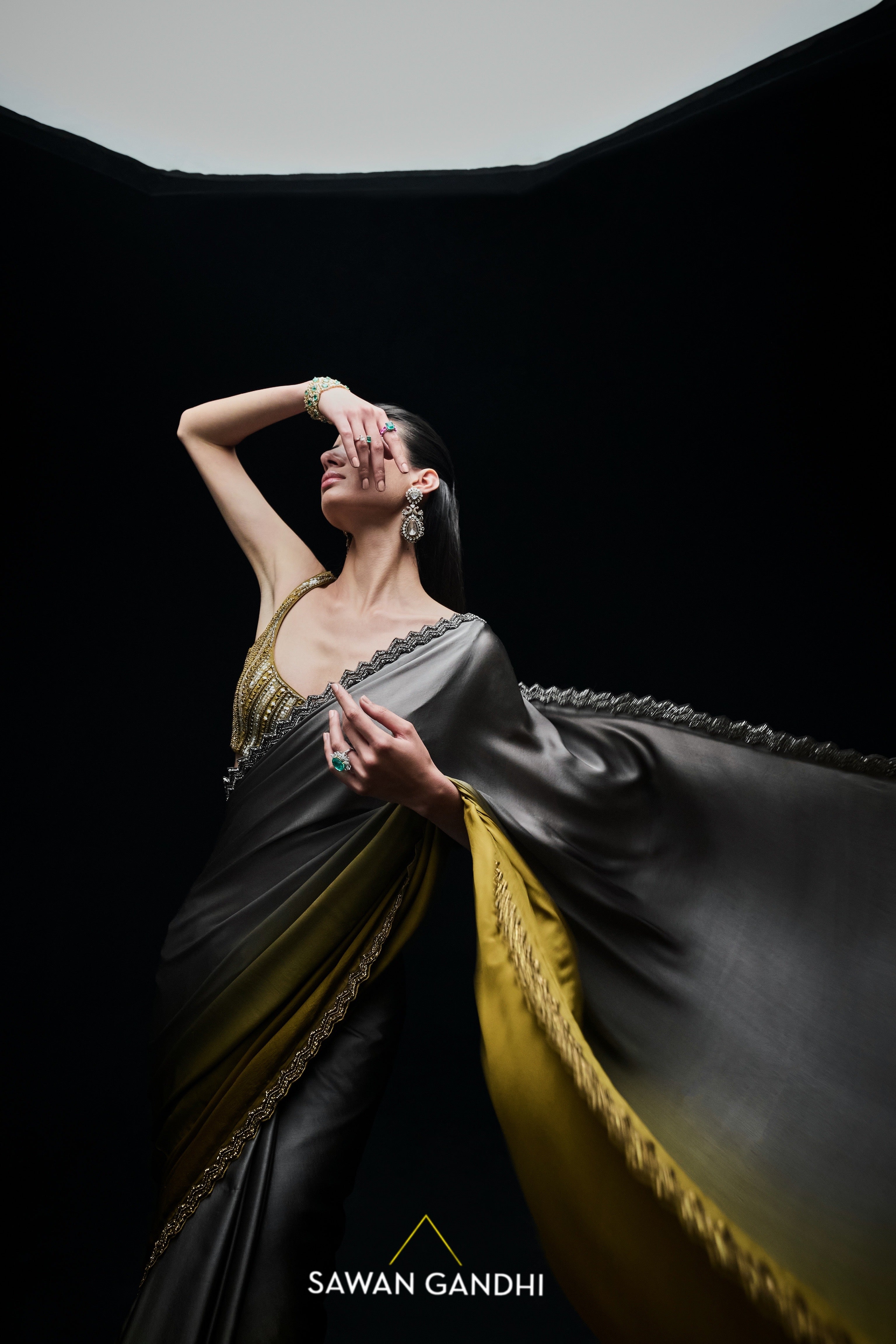 Gold to grey ombré saree