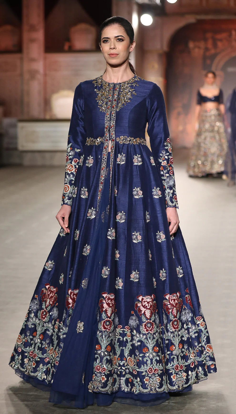 A Classic Muted Royal Blue Panelled Jacket lehenga