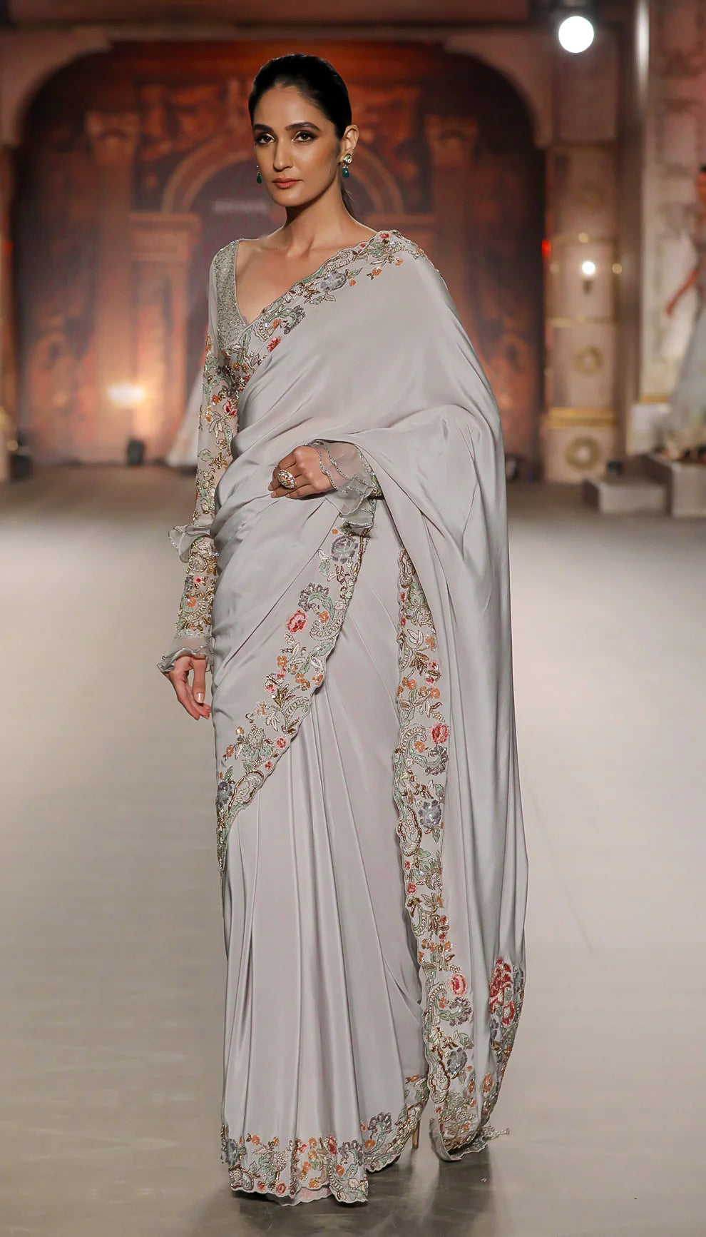 A Mood Grey Crepe Silk Saree with a Vintage Floral Border