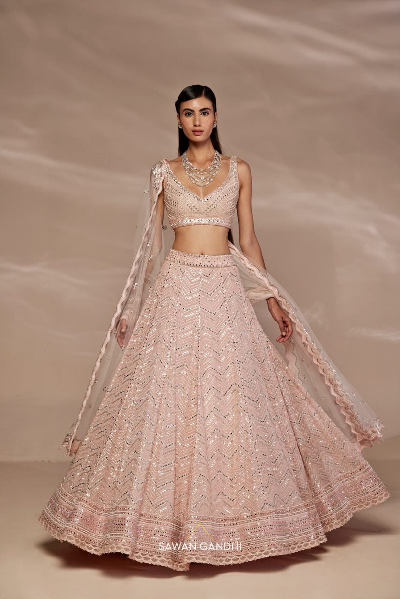 Peach mirror work lehenga set