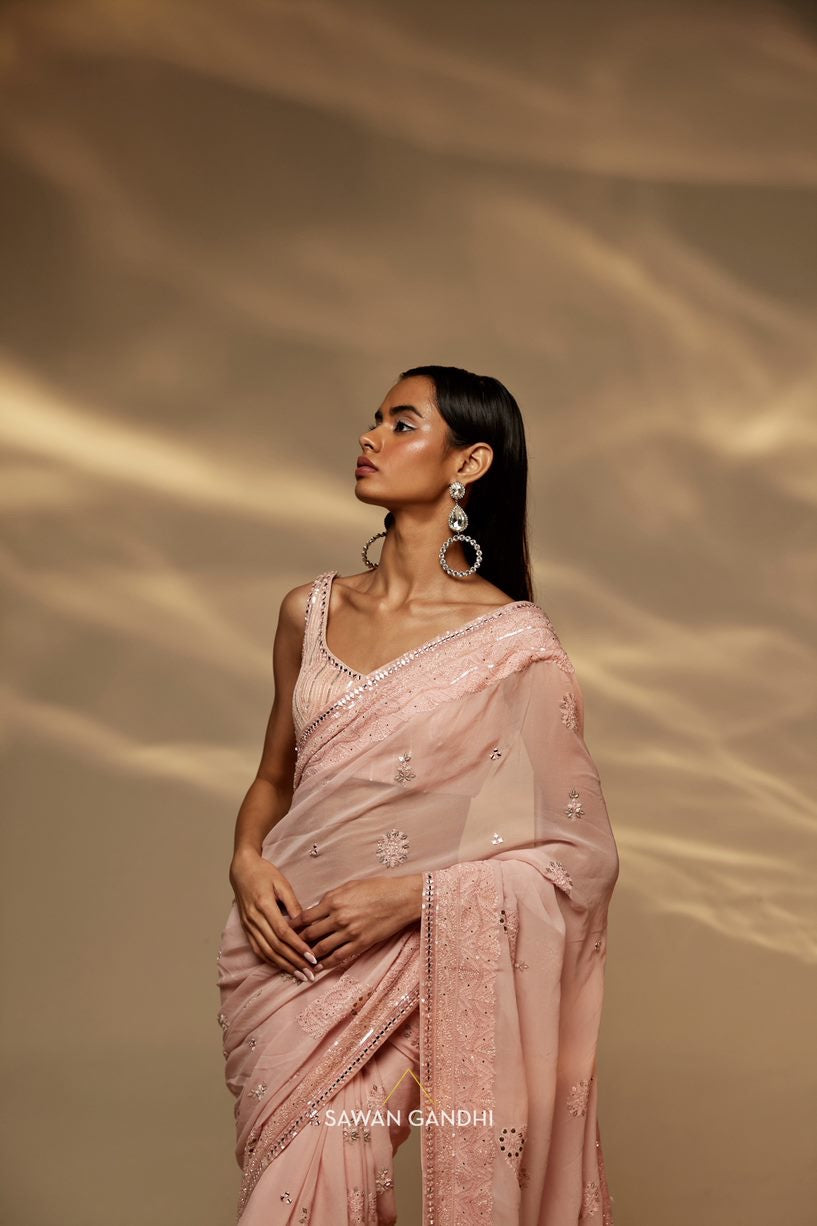 Peach ombre chikankari saree set