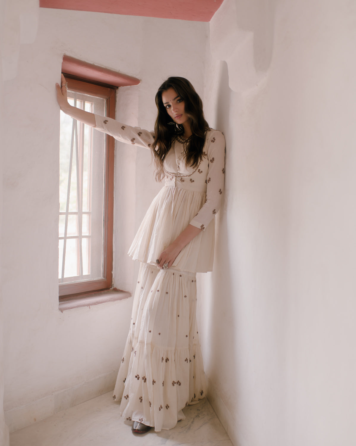 White Thread Peplum And Sharara
