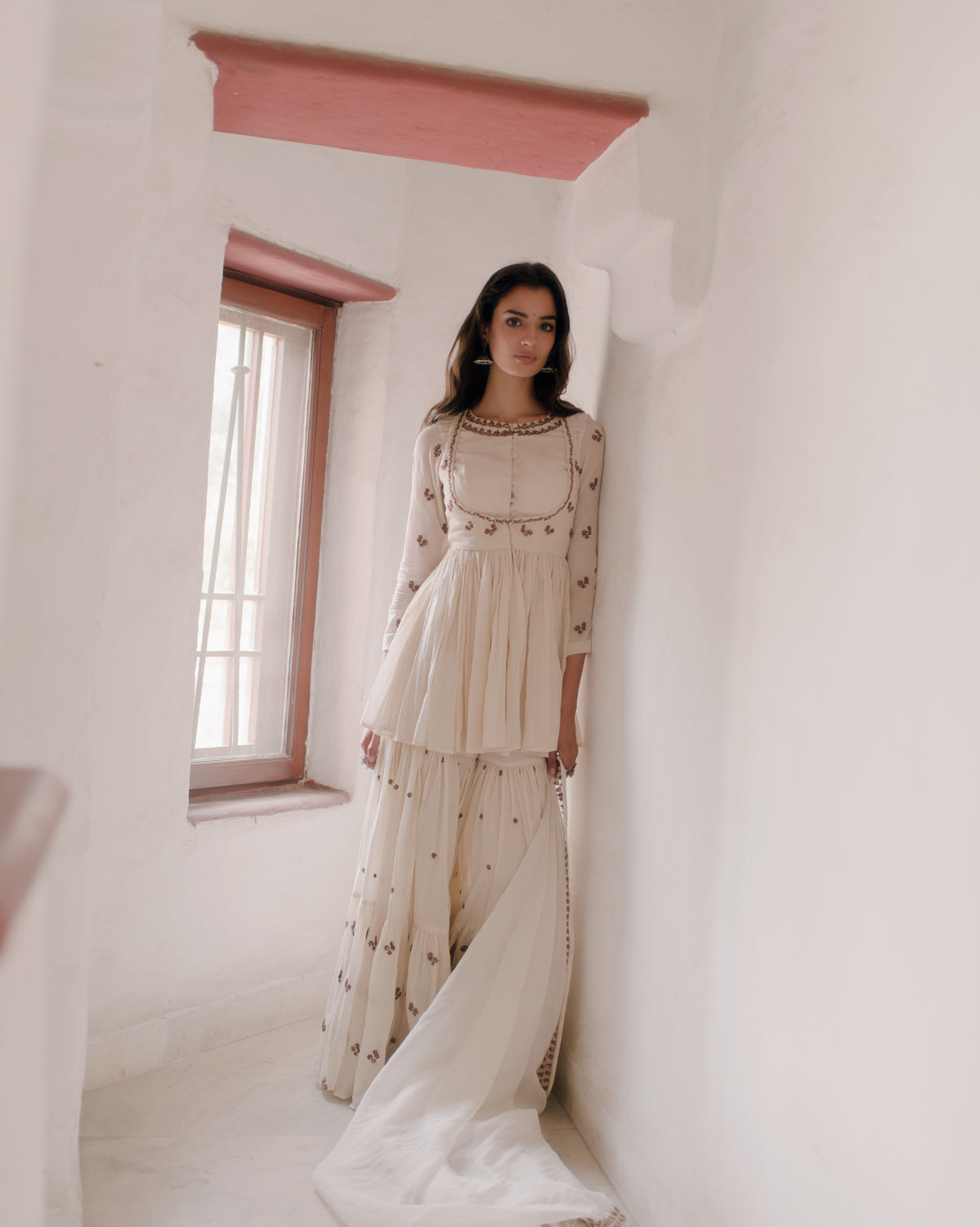 White Thread Peplum And Sharara