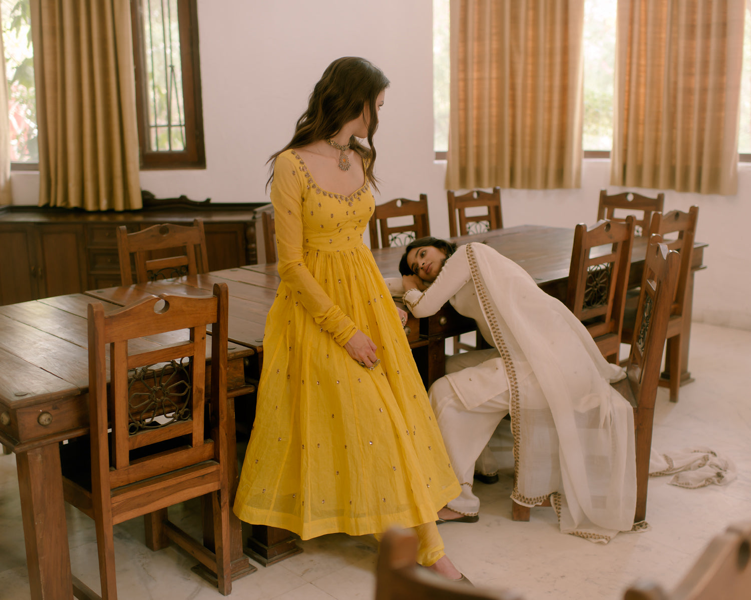 Yellow Anarkali Set With Off White Dupatta