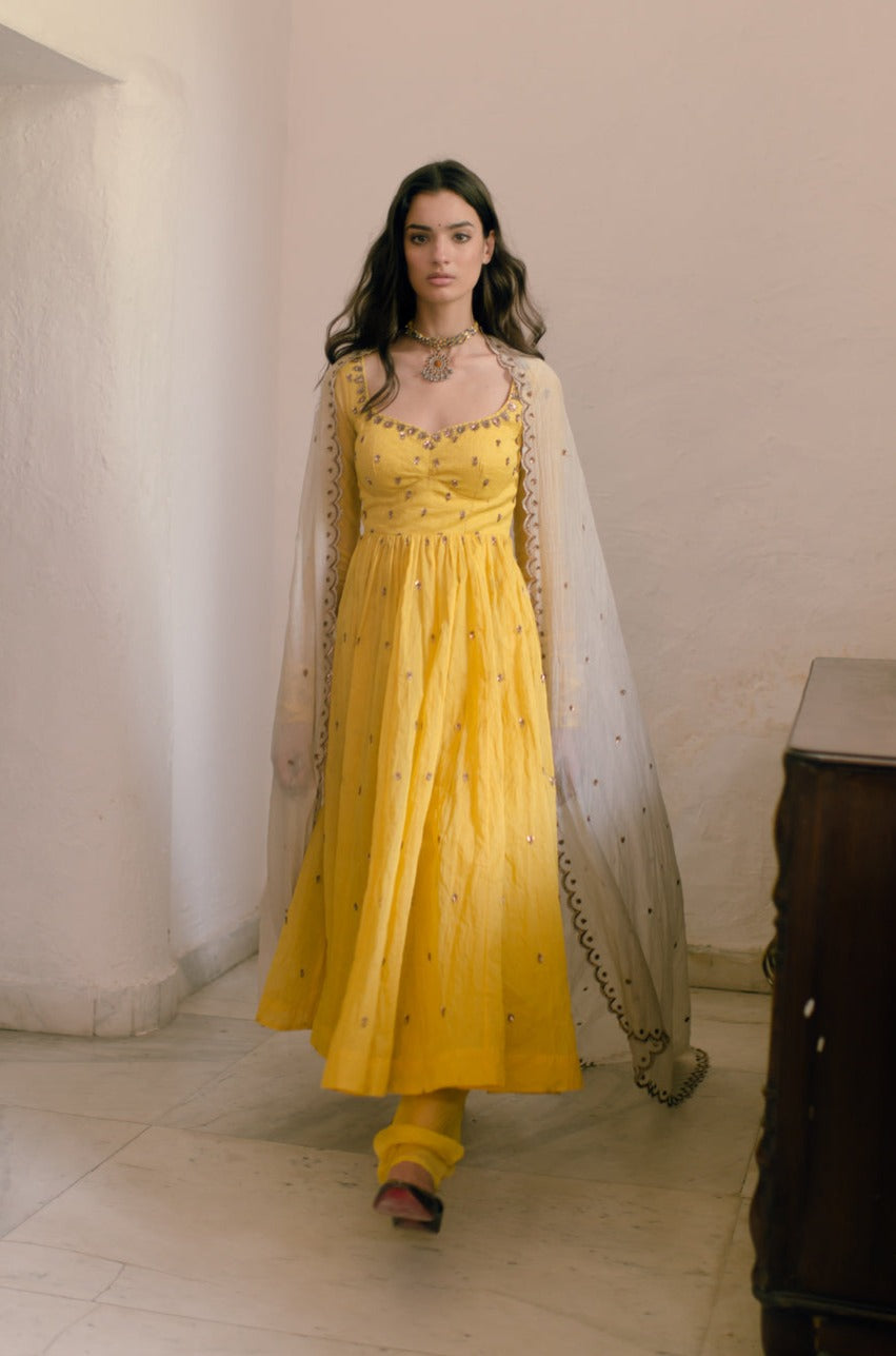 Yellow Anarkali Set With Off White Dupatta