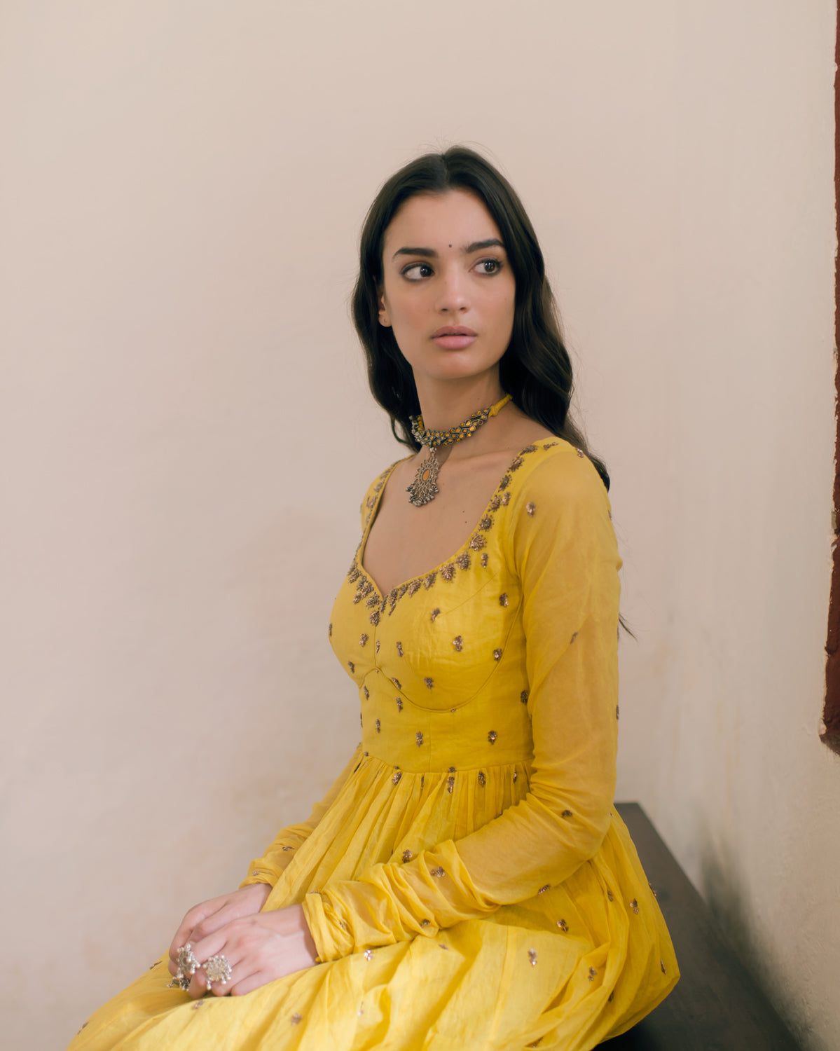 Yellow Anarkali Set With Off White Dupatta