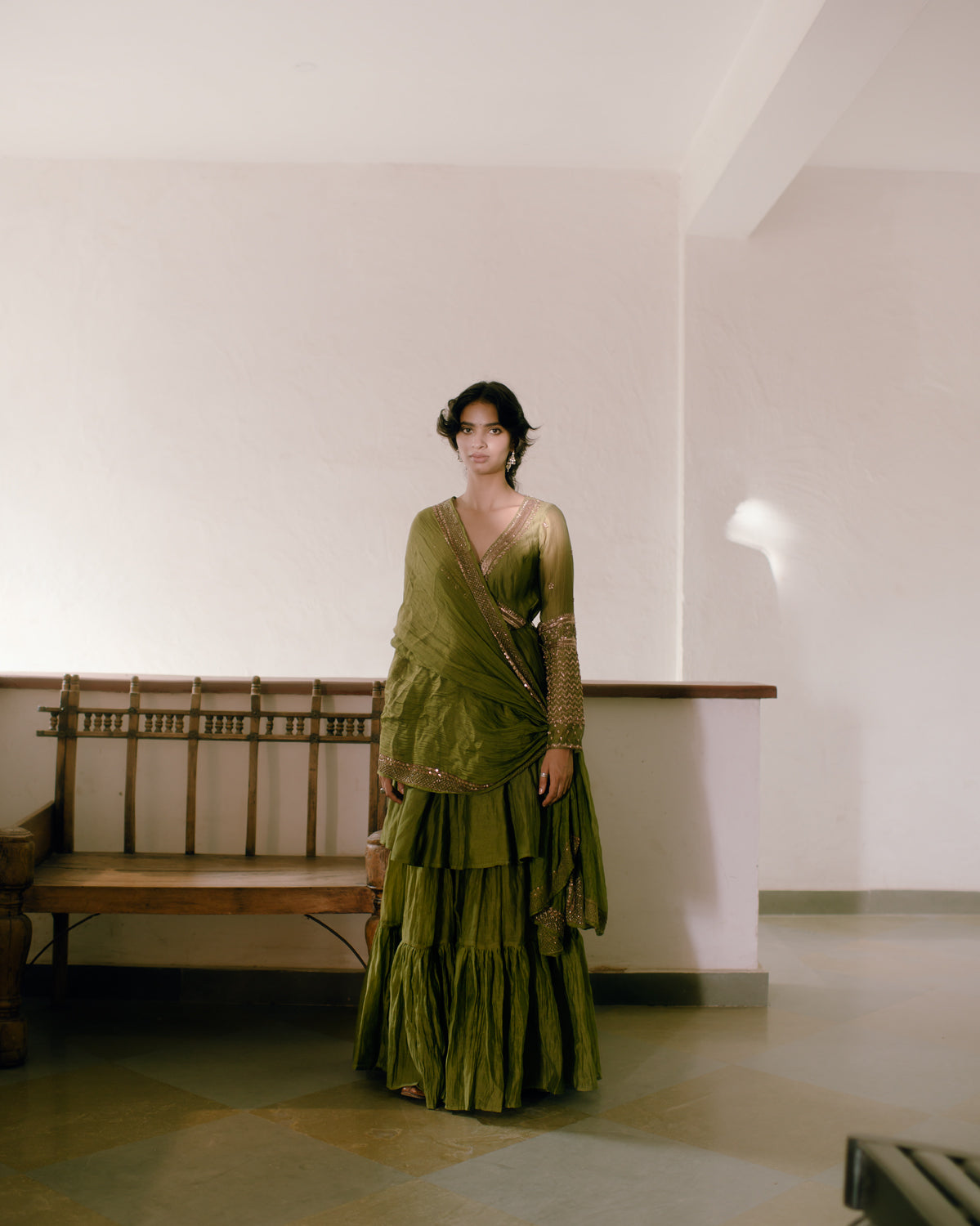 Mehendi Green Thread Peplum And Sharara Set