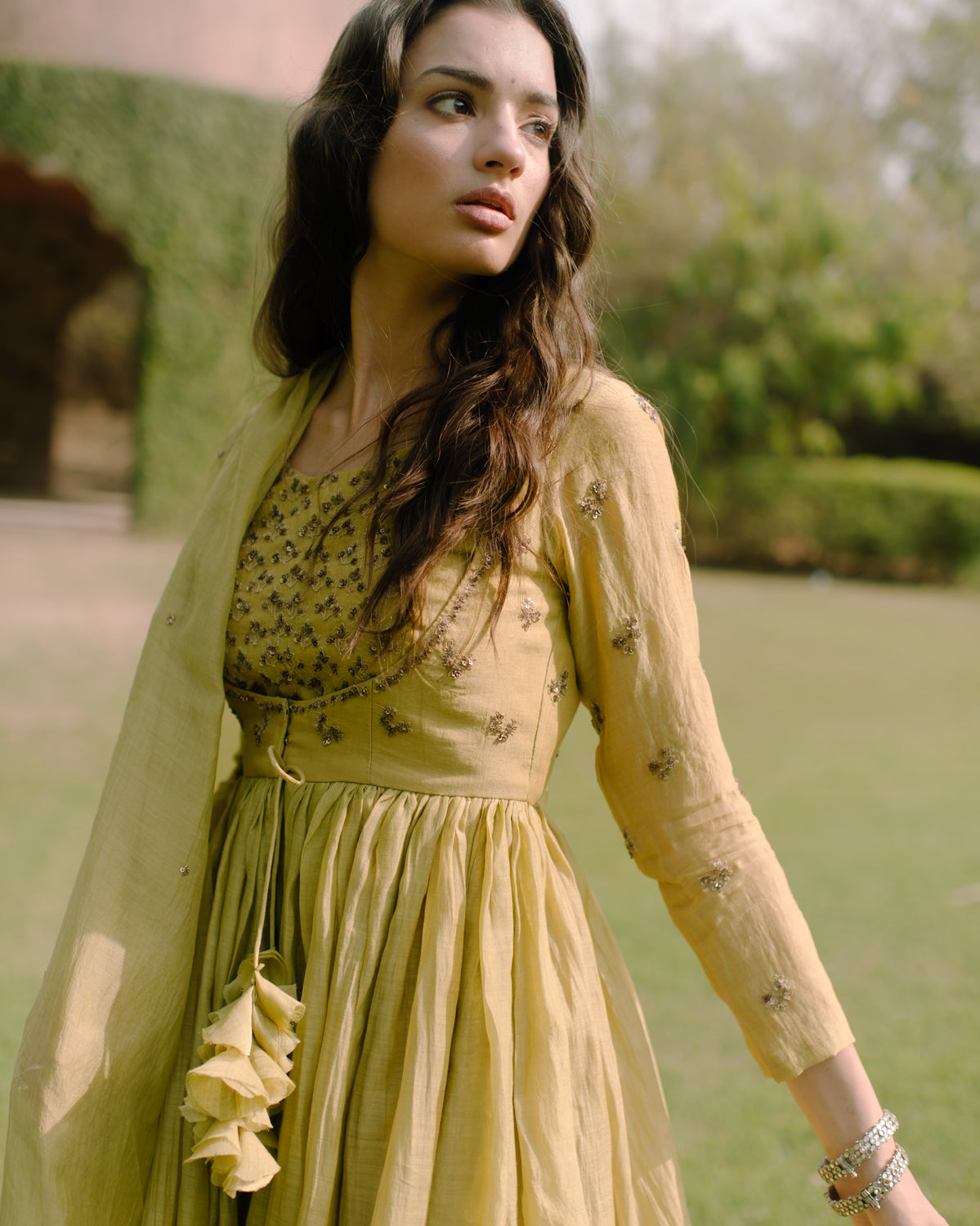 Parrot Green Thread Peplum And Sharara Set