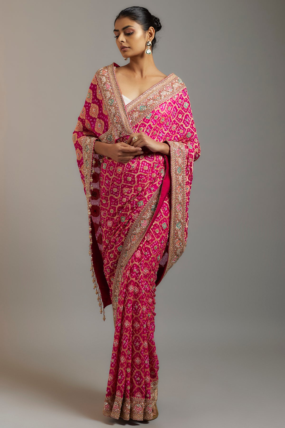 DIA RANI PINK SILK EMBROIDERED BANDHEJ PATOLA SAREE SET