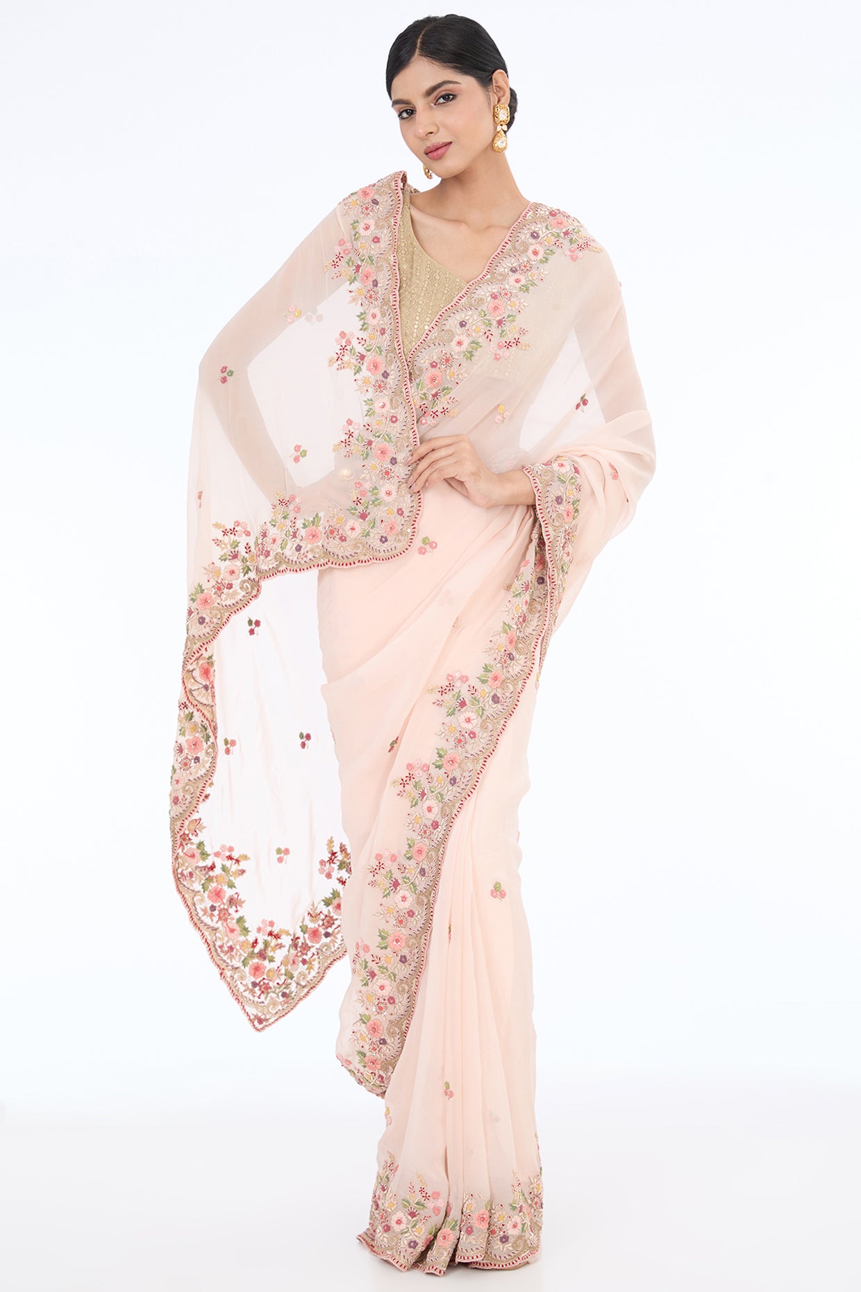 pink pure organza hand embroidered saree set
