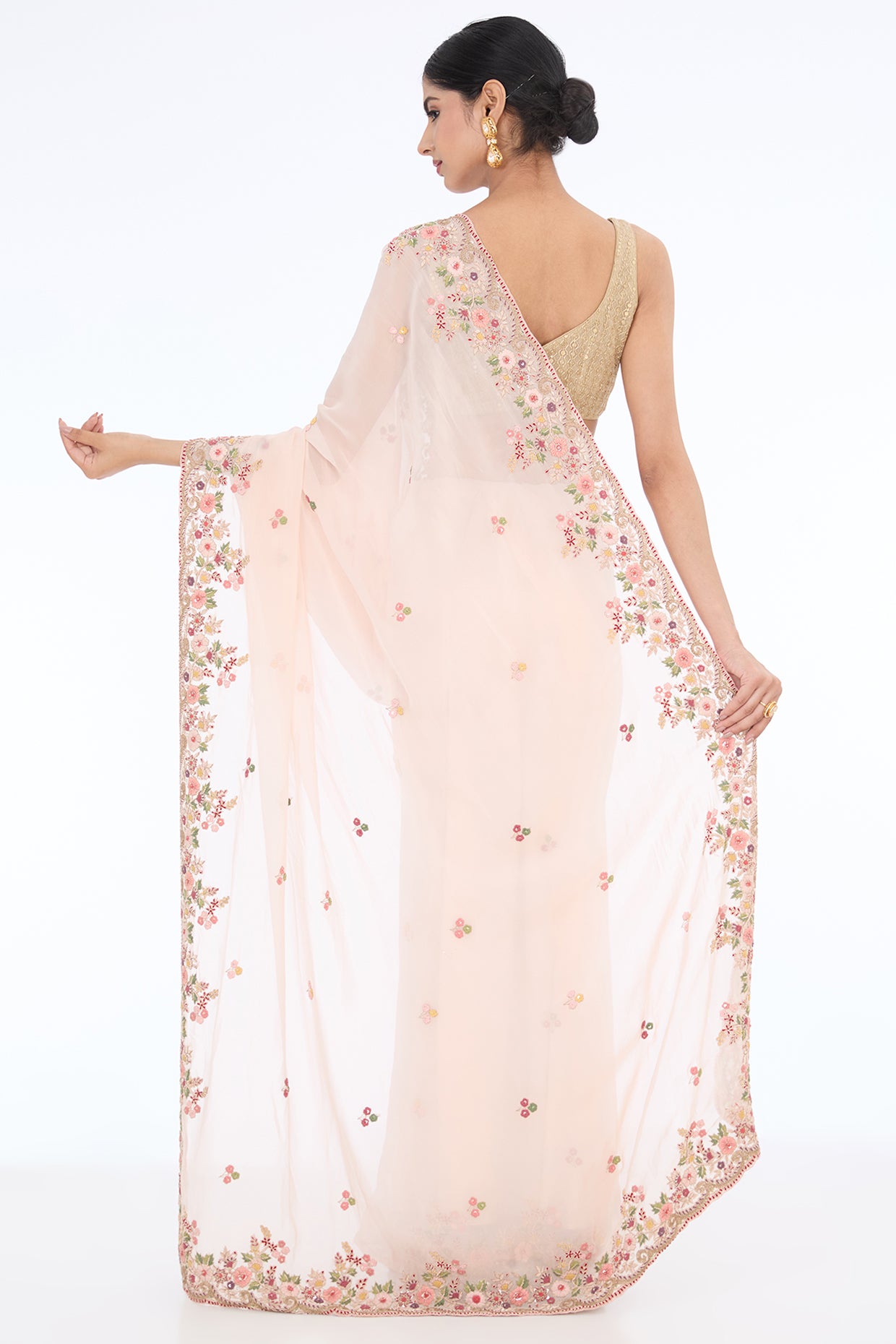 pink pure organza hand embroidered saree set