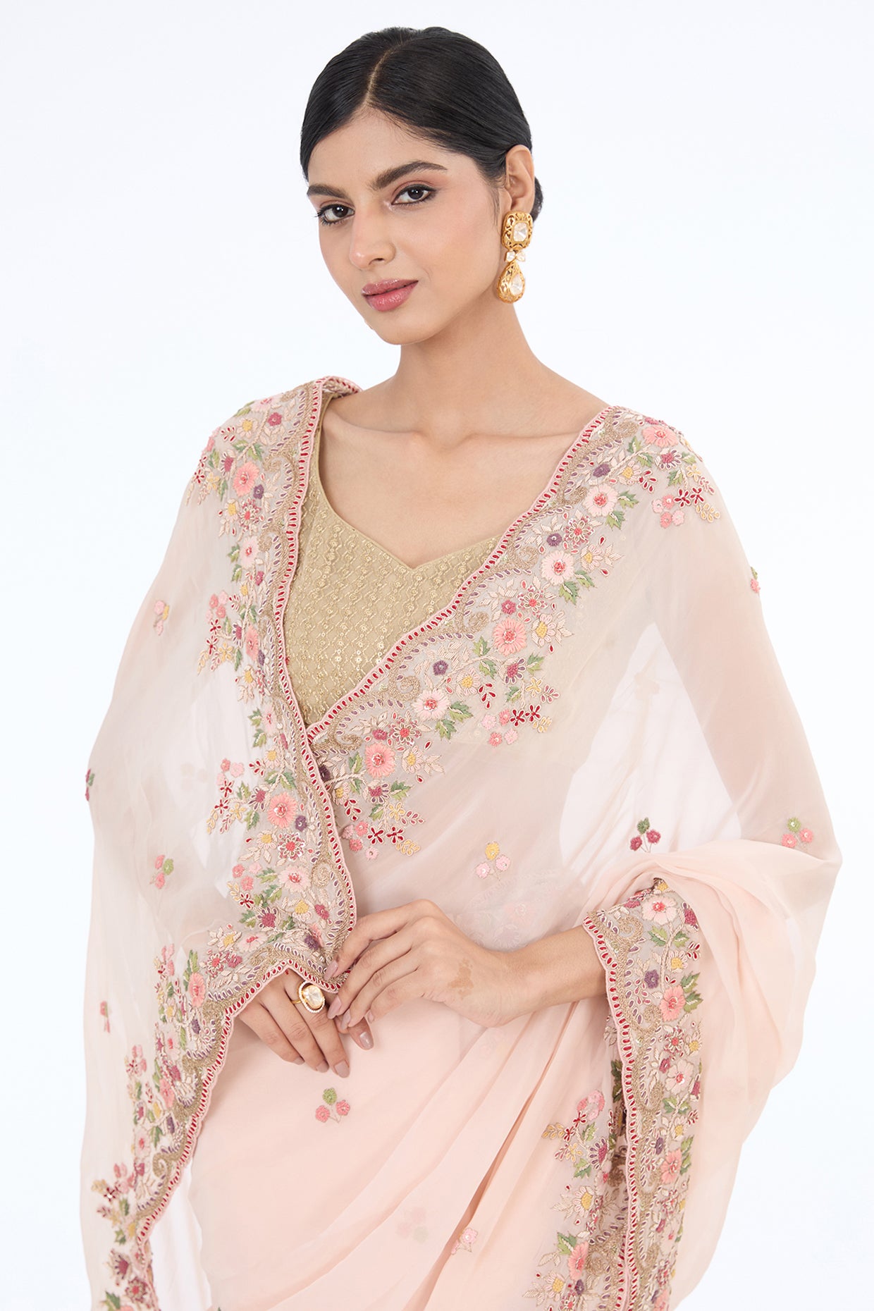 pink pure organza hand embroidered saree set
