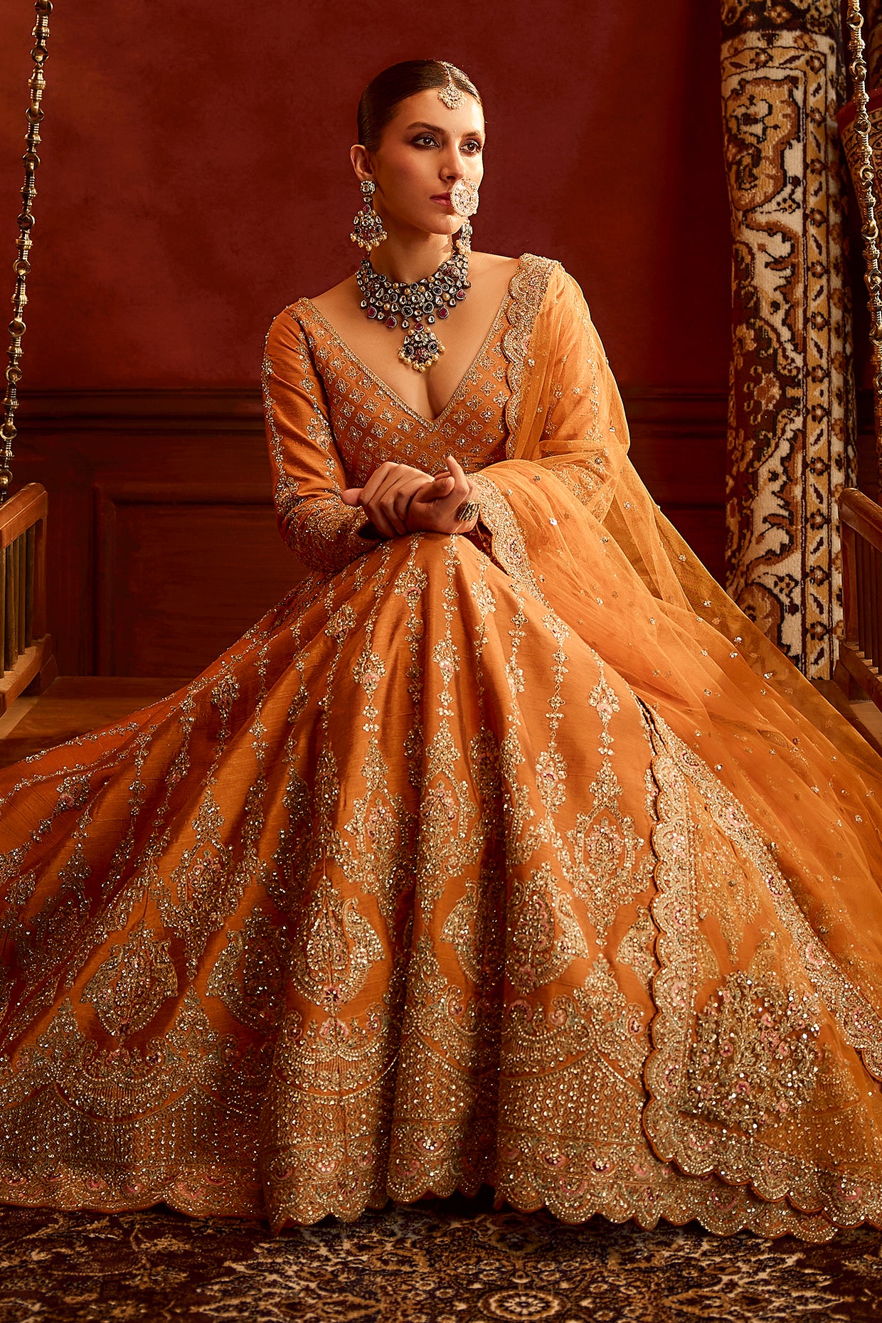 rust raw silk hand & machine embroidered lehenga set