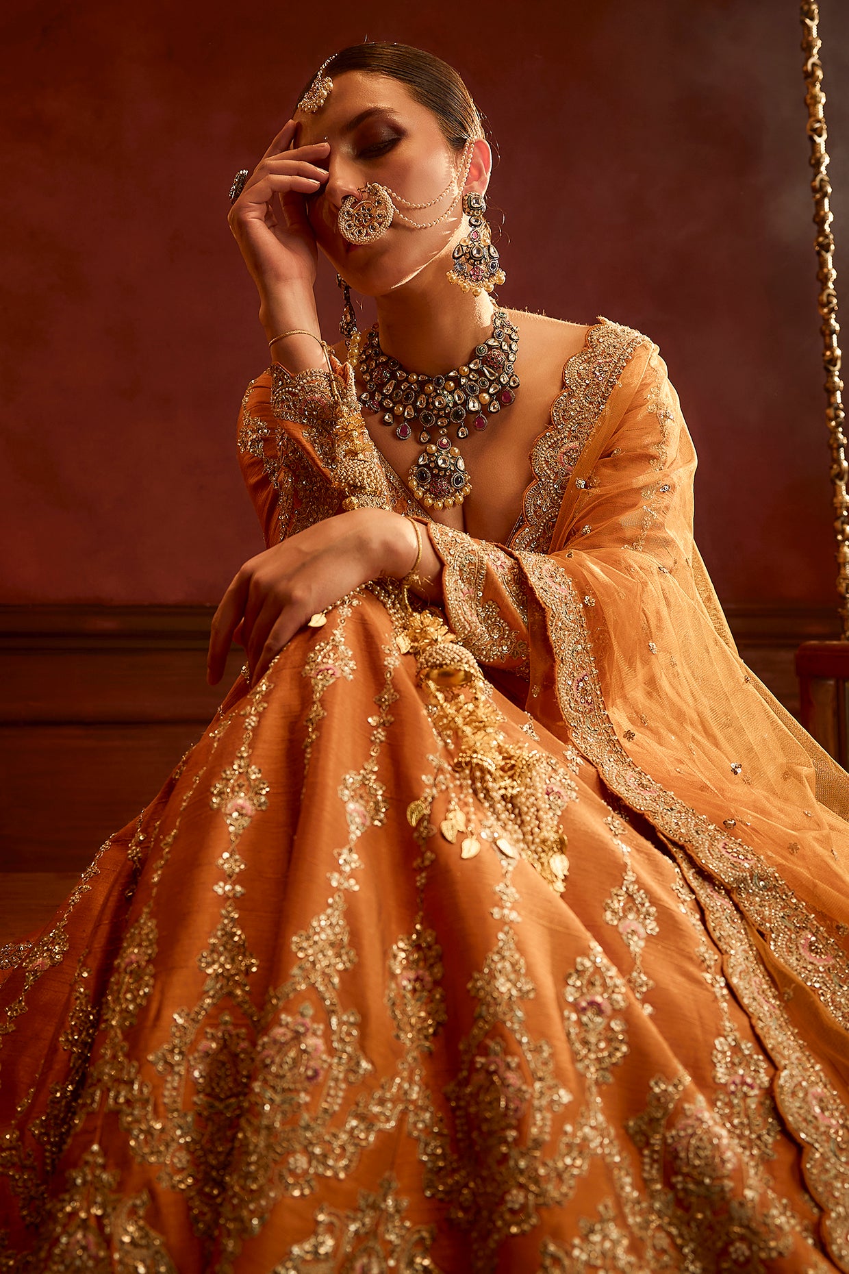 rust raw silk hand & machine embroidered lehenga set
