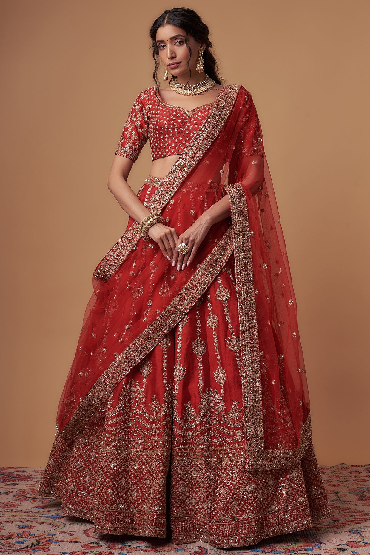 LILY RED RAW SILK SEQUINS & CUTDANA EMBROIDERED LEHENGA SET