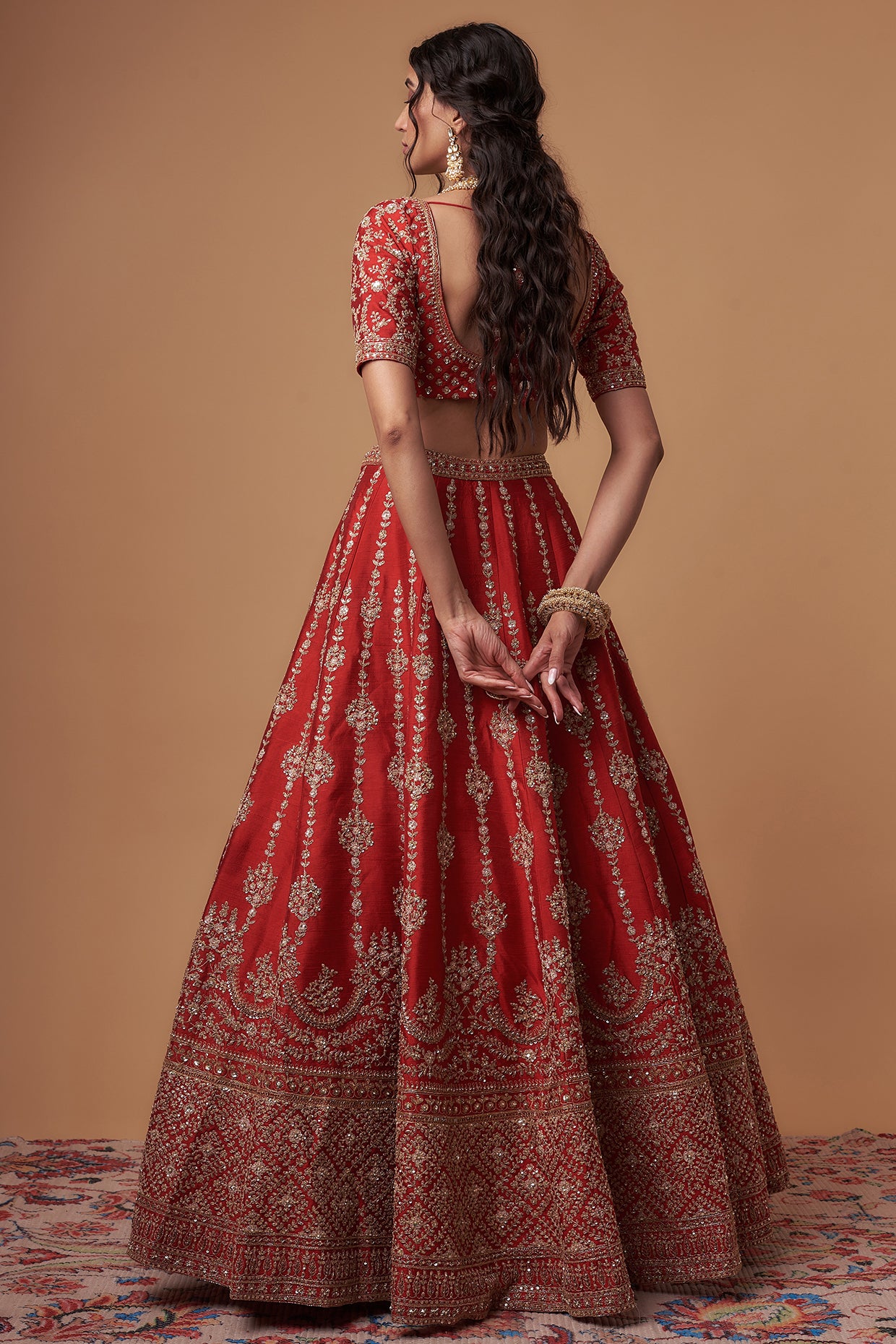 LILY RED RAW SILK SEQUINS & CUTDANA EMBROIDERED LEHENGA SET