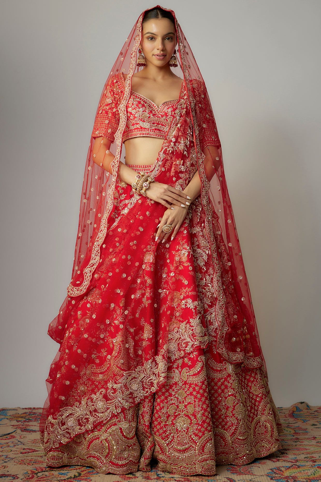 MAAHI RED RAW SILK ZARI HAND & MACHINE EMBROIDERED LEHENGA SET