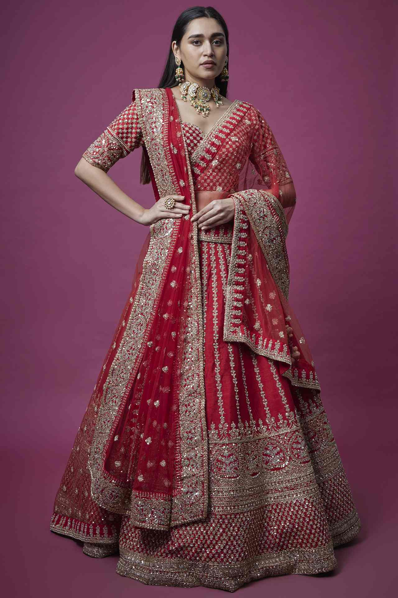 RED EMBROIDERED ASTER LEHENGA SET