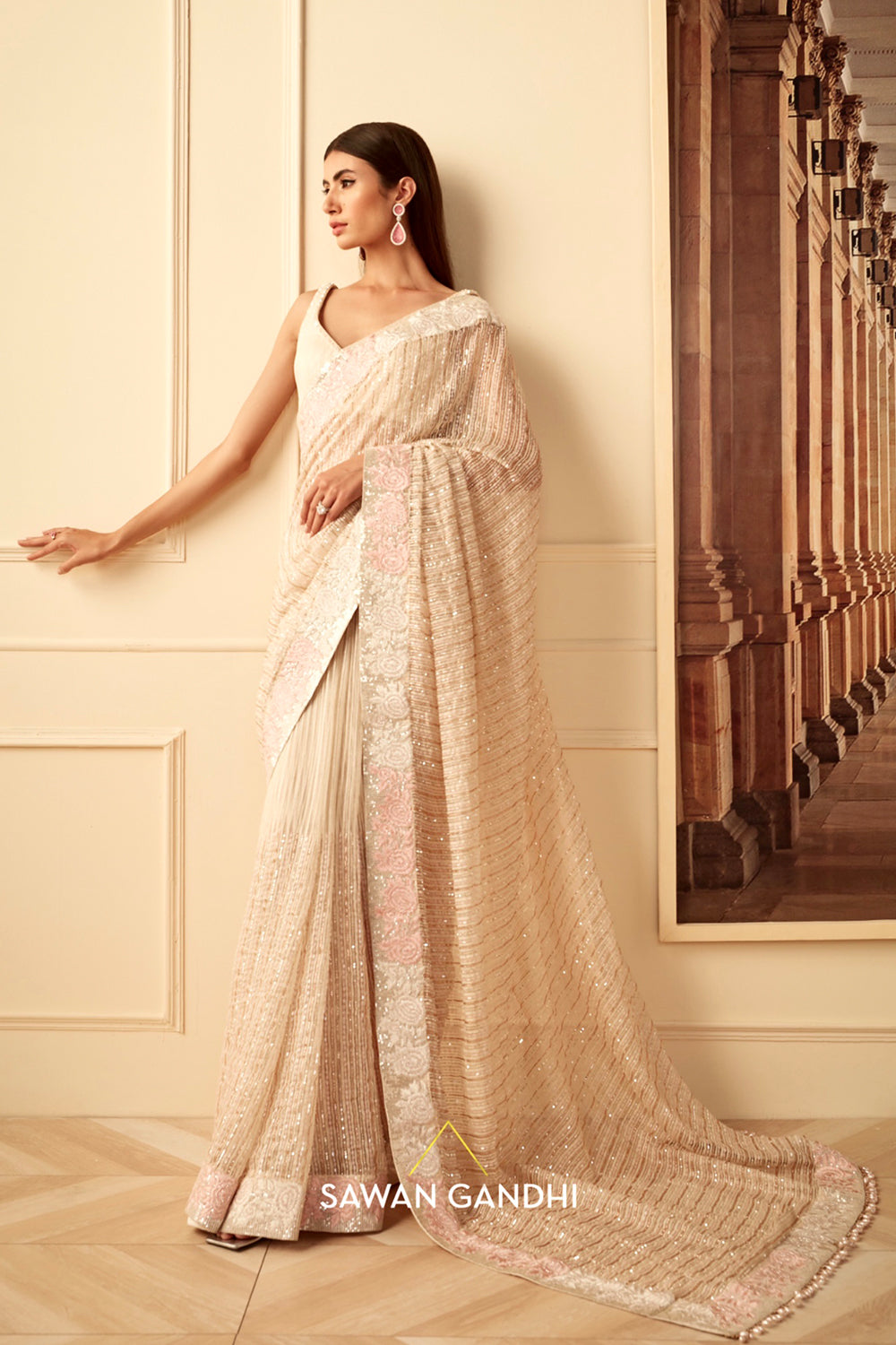 Ivory ghicha floral border saree set