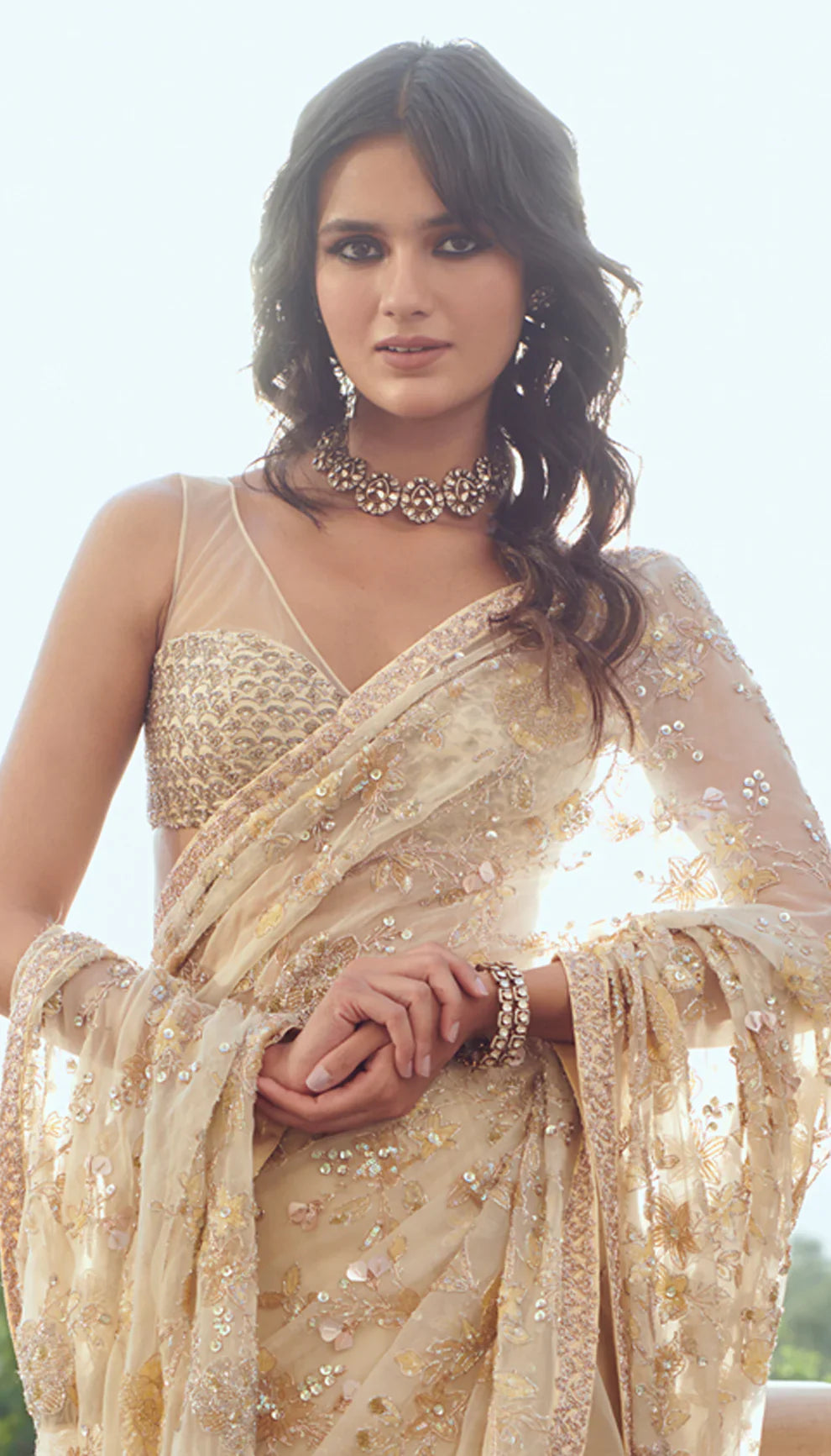 A Beige Silk Organza Saree