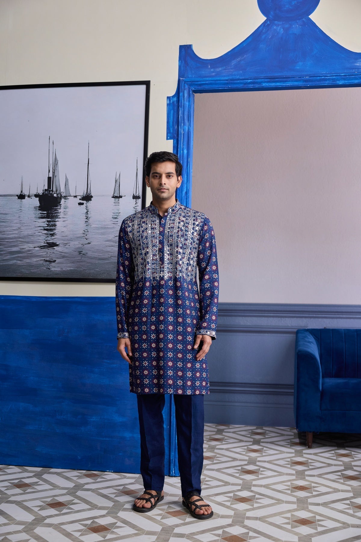 Dark Blue Print Hilighted Kurta With Solid Pants