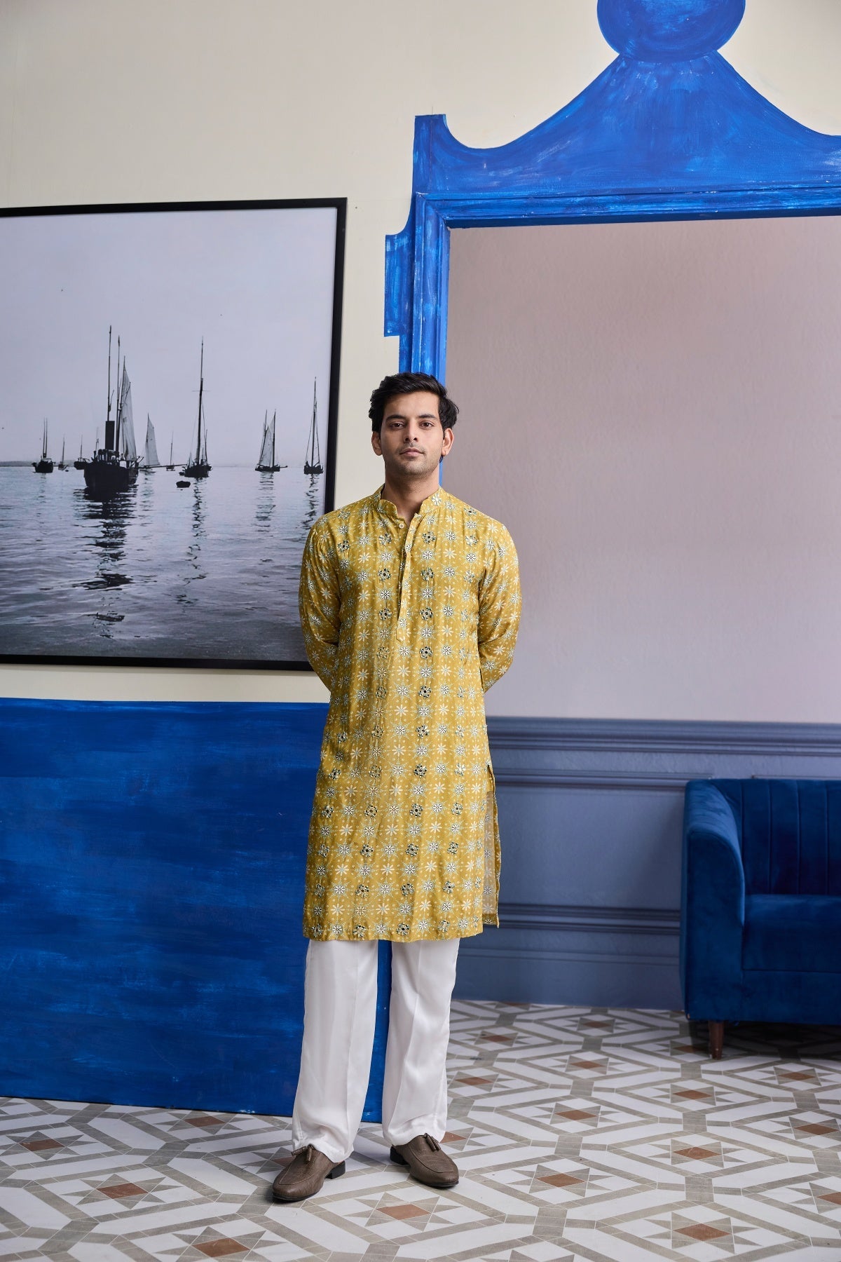 Yellow Butta Print Highlighted Kurta With Ivory Pants