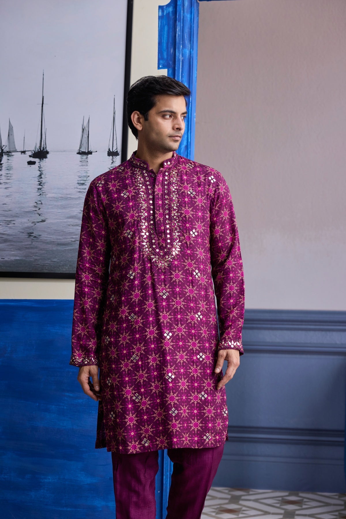 Plum Butta Print Highlighted Kurta With Solid Pants
