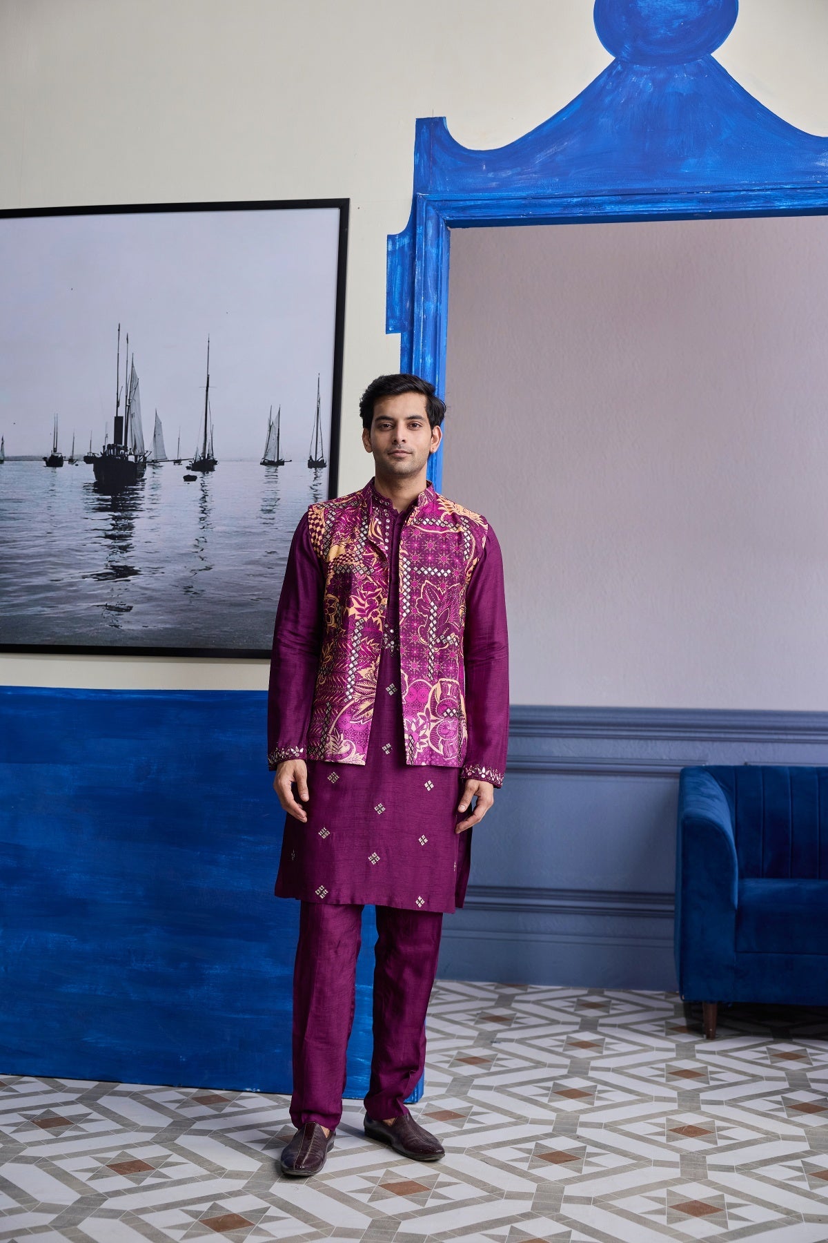 Plum Print Highlighted Bundi With Solid Embroidered Kurta With Solid Pants
