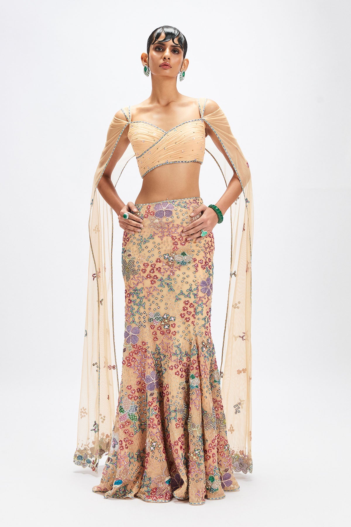 Dunefleur - Beige Tulle Net Mermaid Lehenga Set