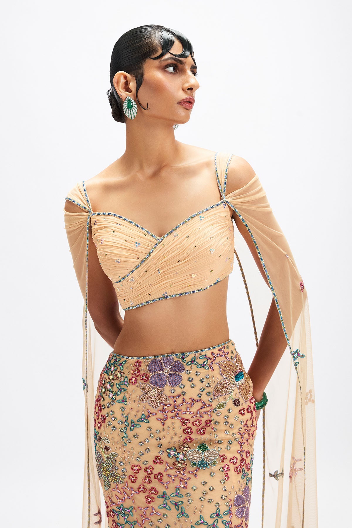 Dunefleur - Beige Tulle Net Mermaid Lehenga Set