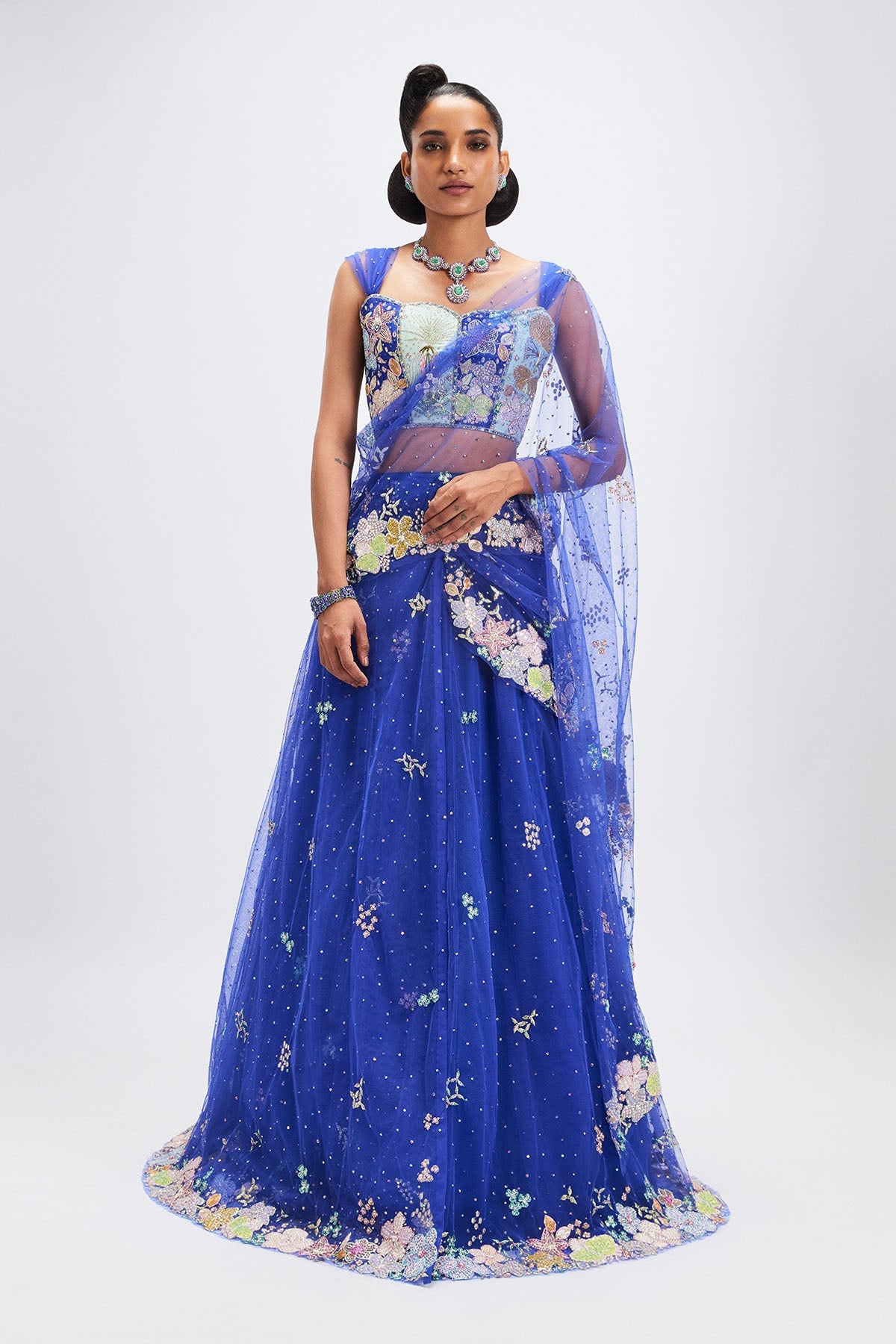 Azalée - Persian Blue Tulle Net Saree Lehenga Set