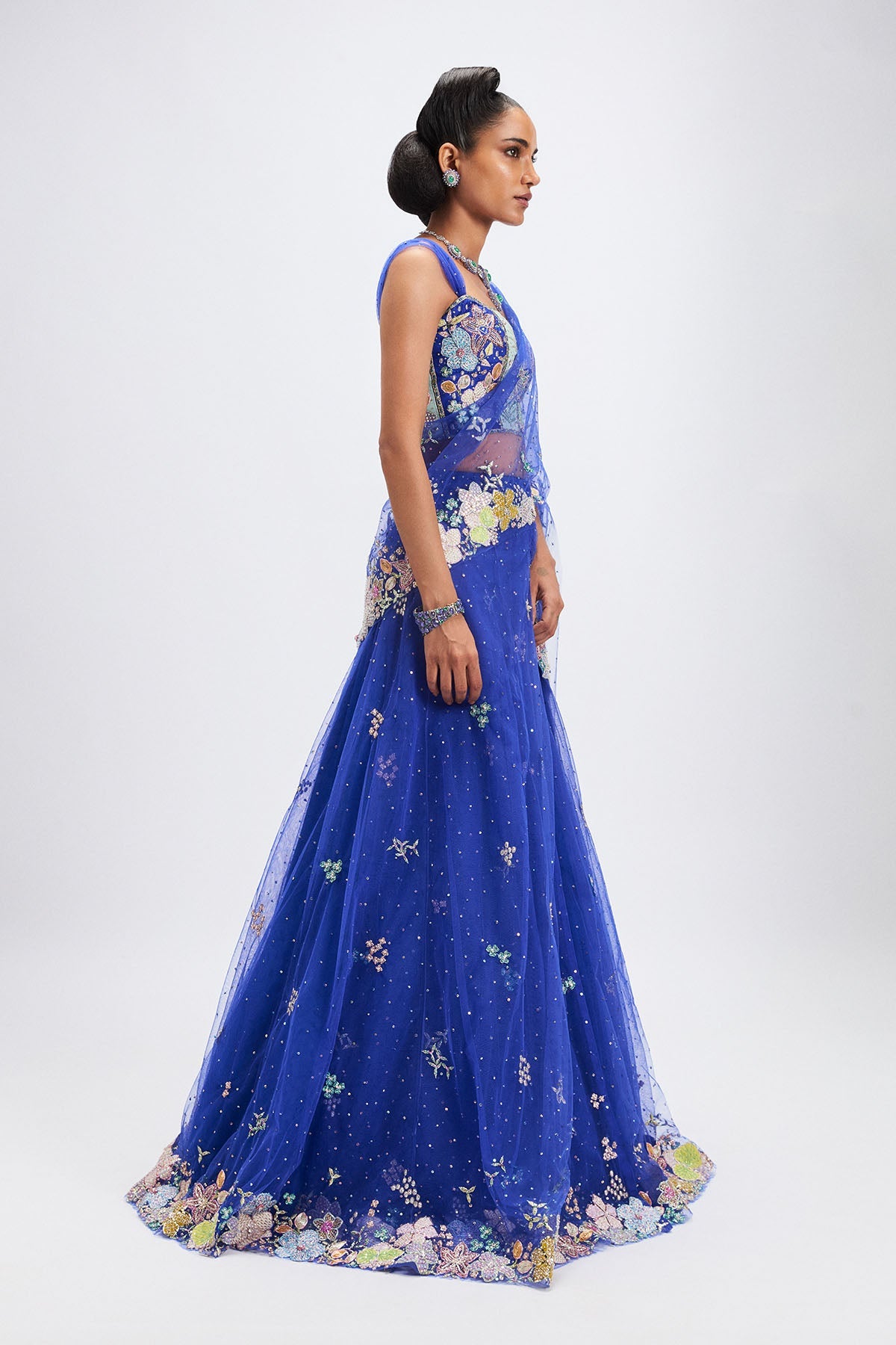 Azalée - Persian Blue Tulle Net Saree Lehenga Set