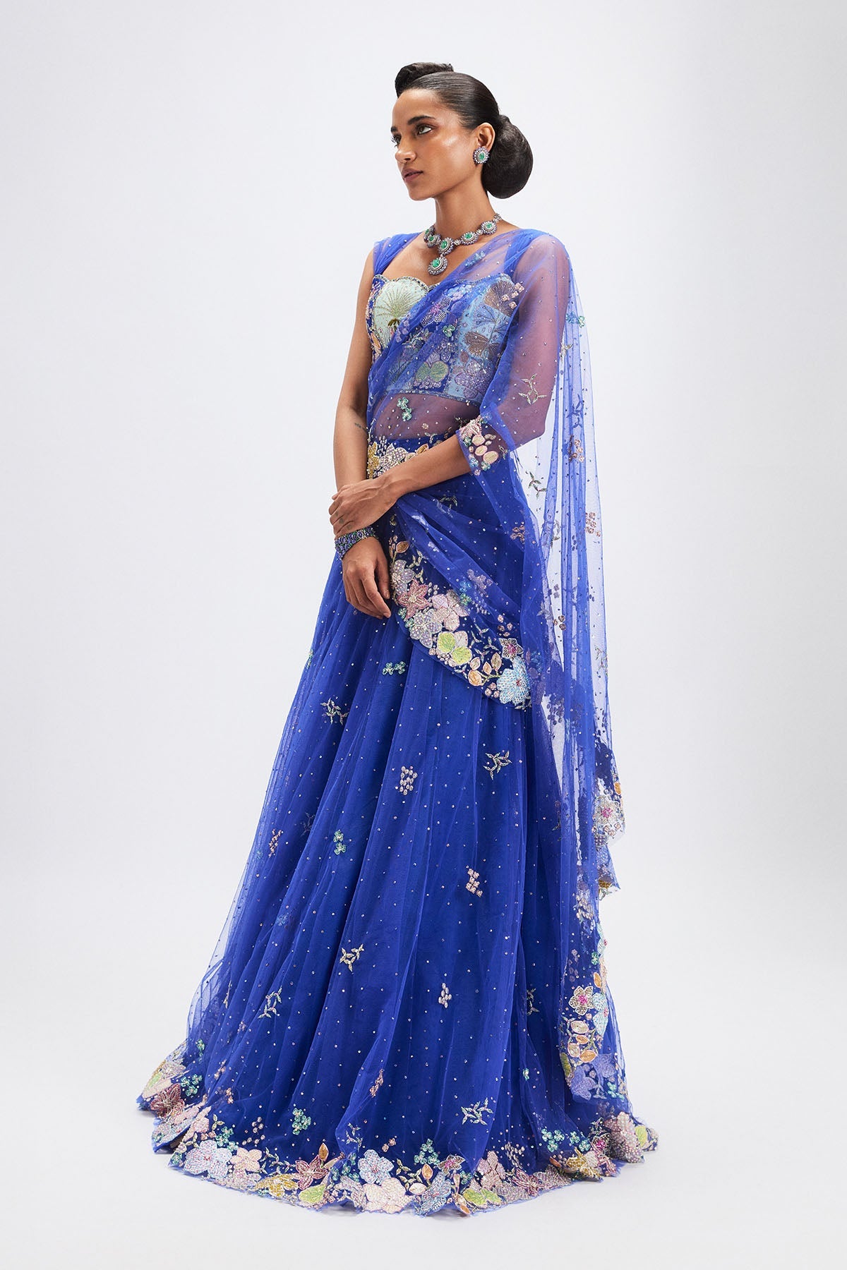 Azalée - Persian Blue Tulle Net Saree Lehenga Set