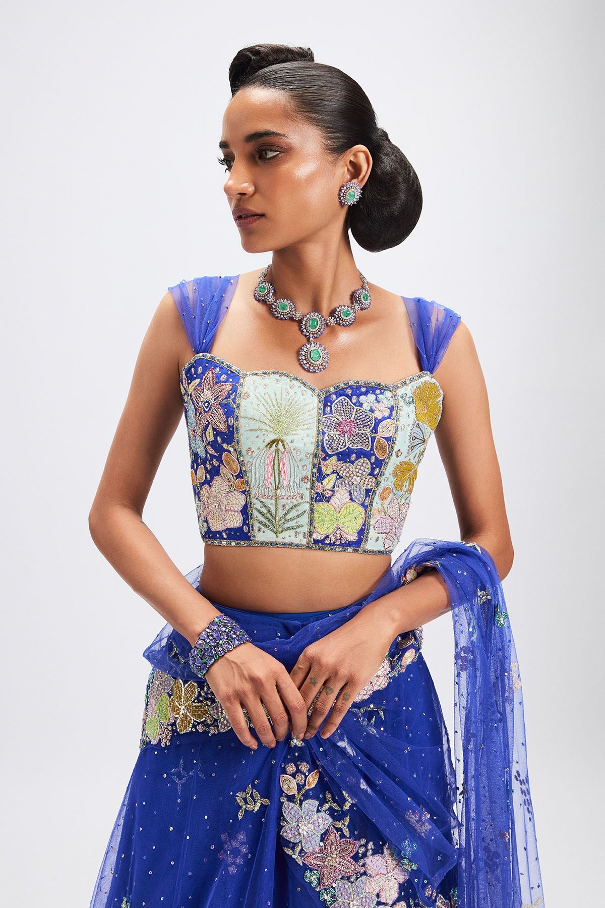 Azalée - Persian Blue Tulle Net Saree Lehenga Set