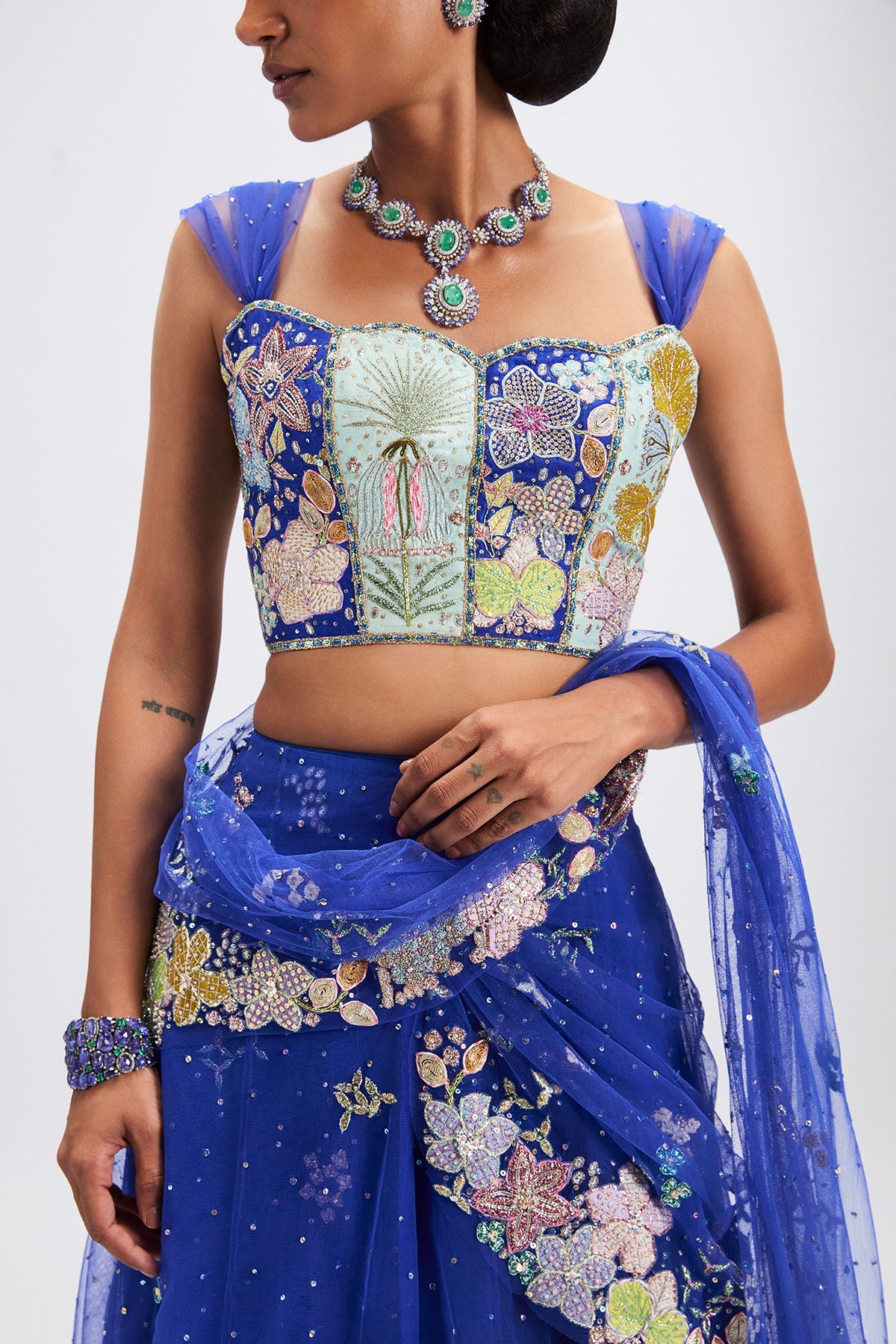 Azalée - Persian Blue Tulle Net Saree Lehenga Set