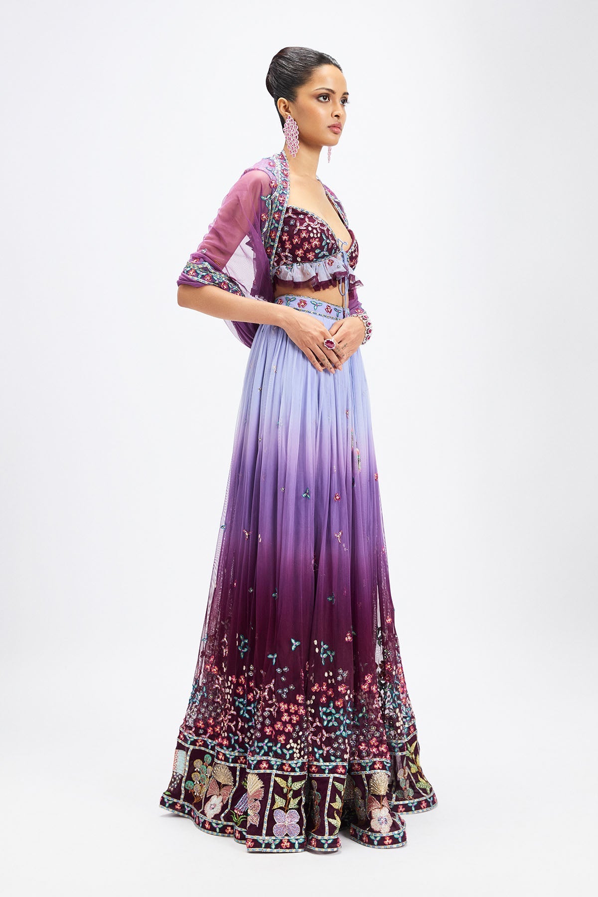 Amétrine - Plum- Dusk Blue Tulle Net Lehenga Set